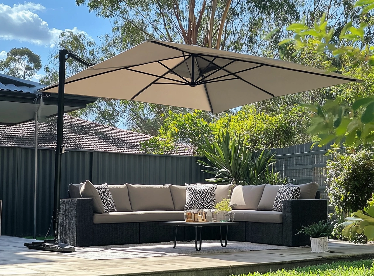 Parasol de Aluminio con Tela Poliester Crema y Sofá de Ratán Sintético-MEUBOLVIX