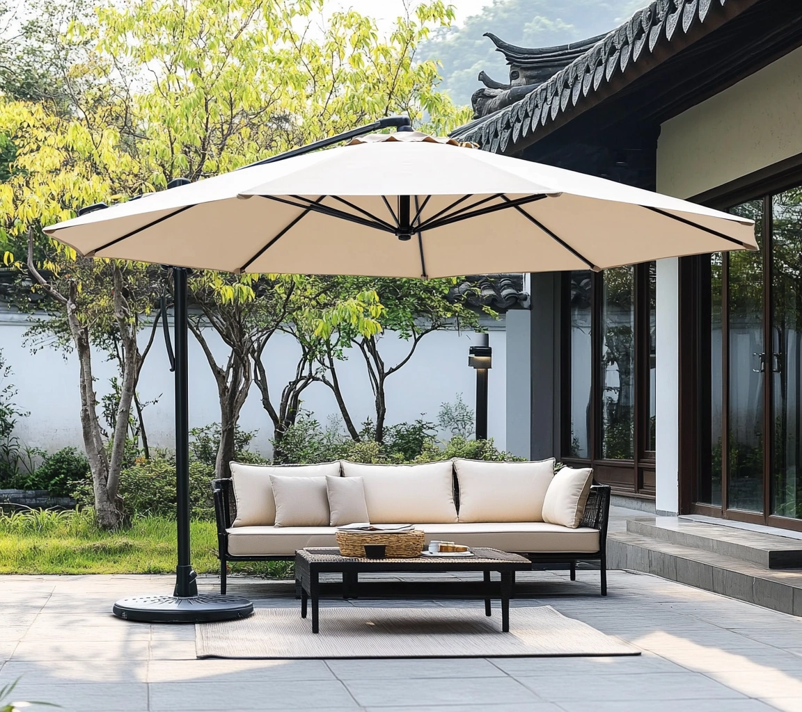 Sombrilla de Jardín Redonda Beige 3m con Base Metálica-MEUBOLVIX