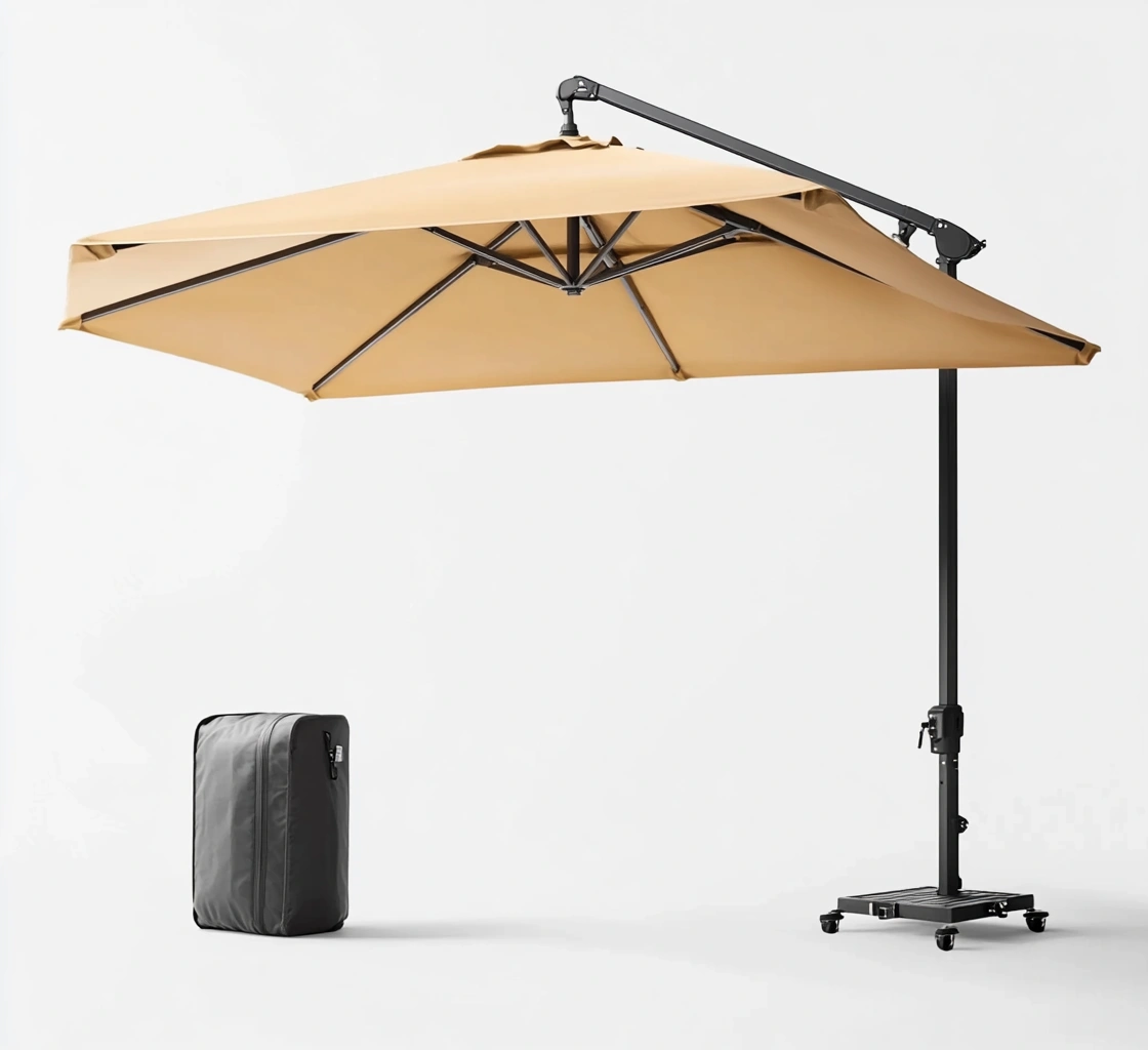 Parasol de Aluminio y Tela de Poliéster con Base de Ruedas Beige 3x3m-MEUBOLVIX