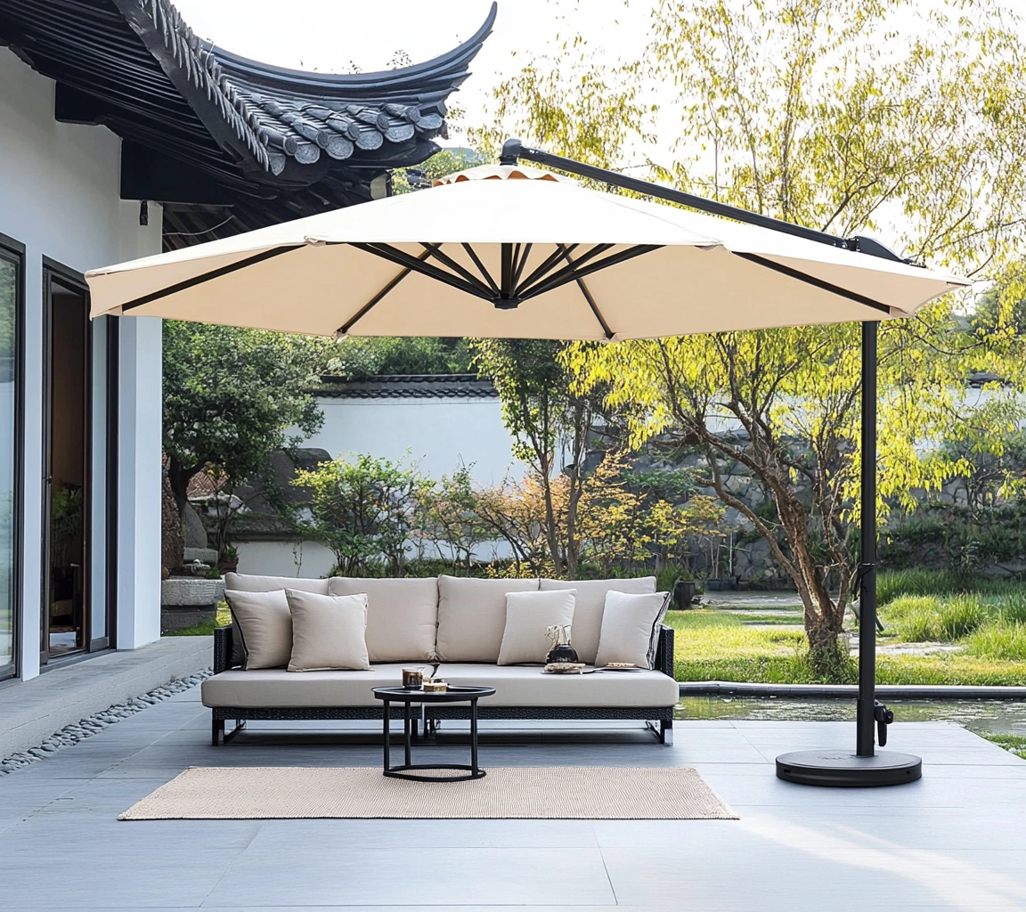 Sombrilla de Jardín Redonda de Tela Olefina Beige 300 cm con Base-MEUBOLVIX