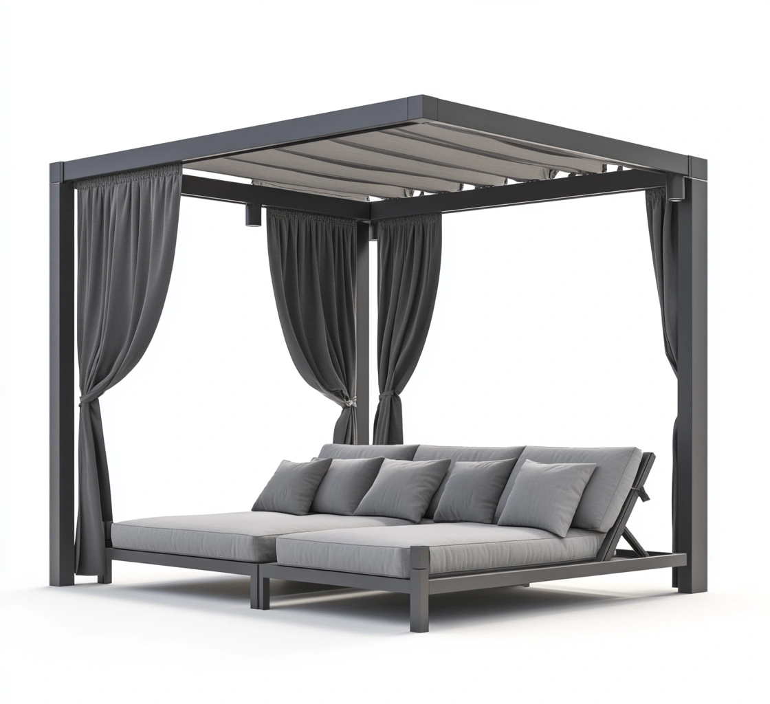 Pérgola de Aluminio con Cama Balinesa y Cortinas Poliéster Gris-MEUBOLVIX