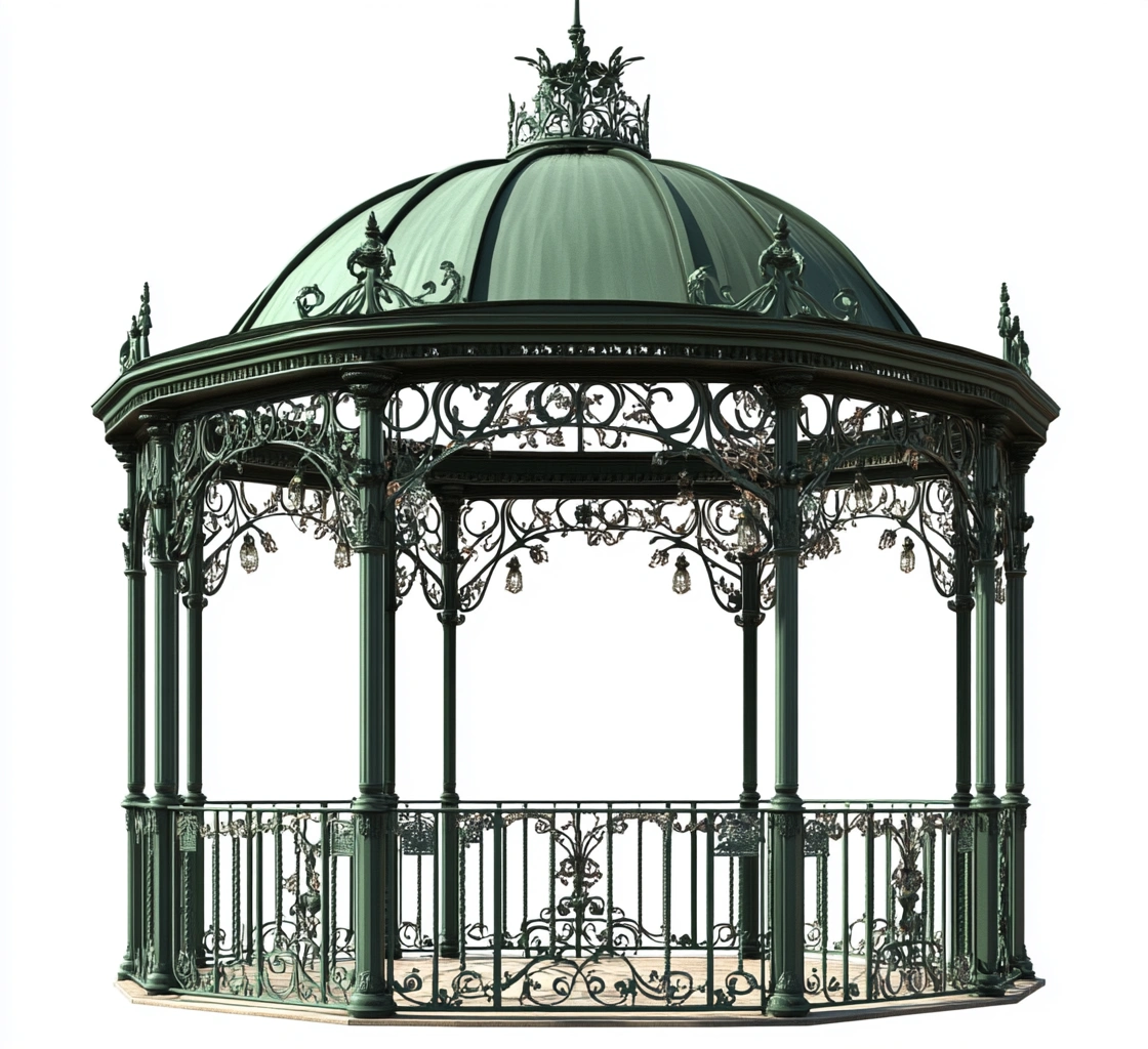 Pérgola de hierro forjado con cúpula y detalles ornamentales-MEUBOLVIX