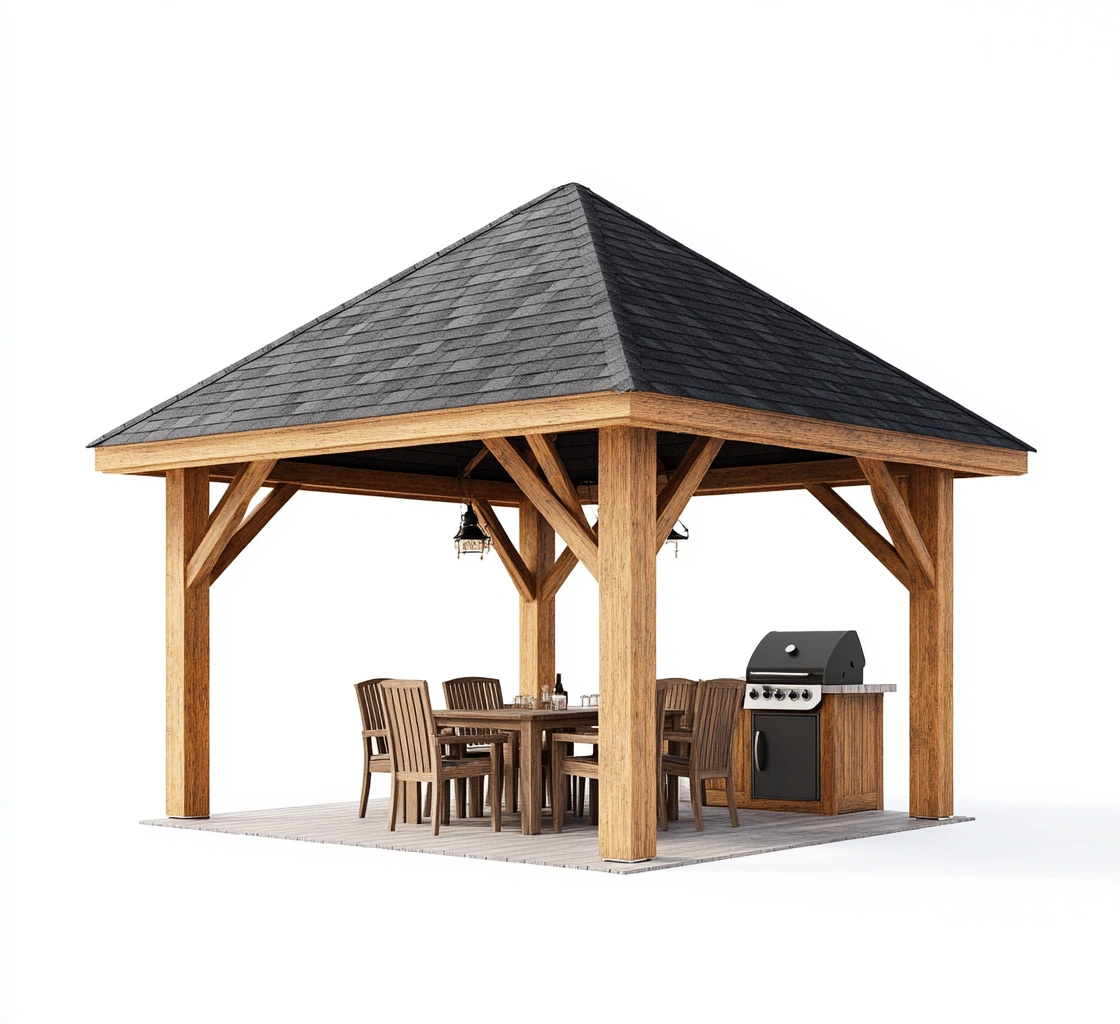 Cenador de Madera con Techo de Asfalto 3x3m y Mobiliario-MEUBOLVIX