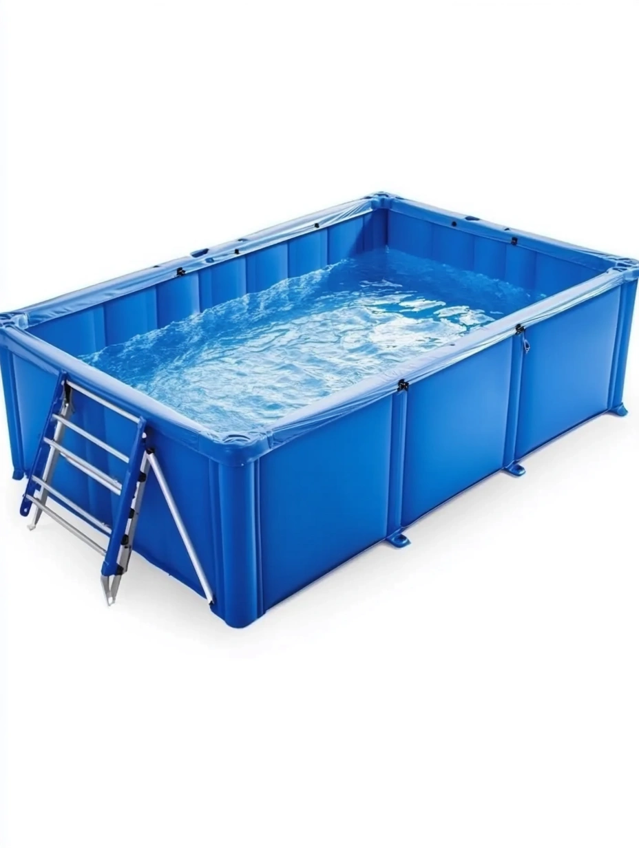Piscina rectangular de acero y PVC azul con escalera-MEUBOLVIX