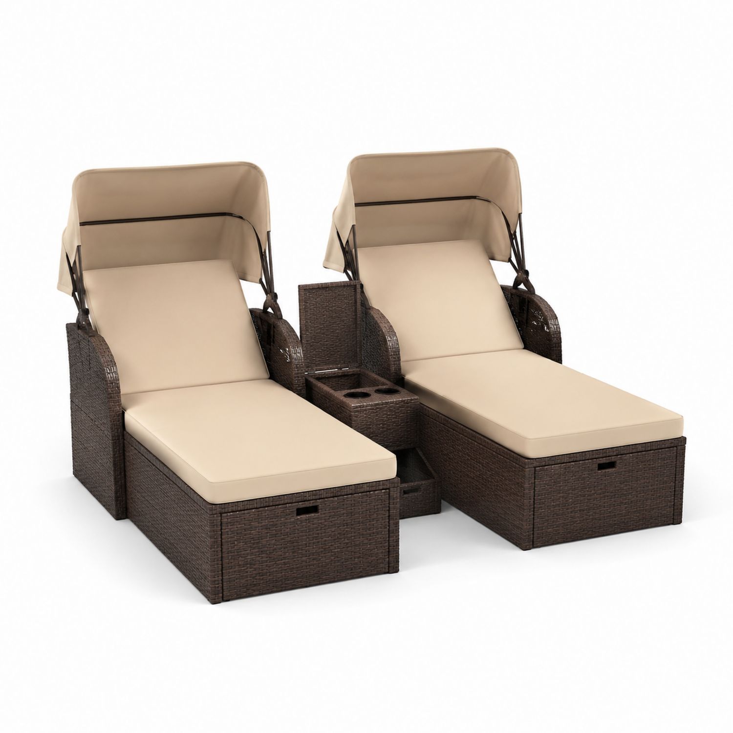 Outdoor Rattan Sonnenliege Set Braun Beige mit Kissen