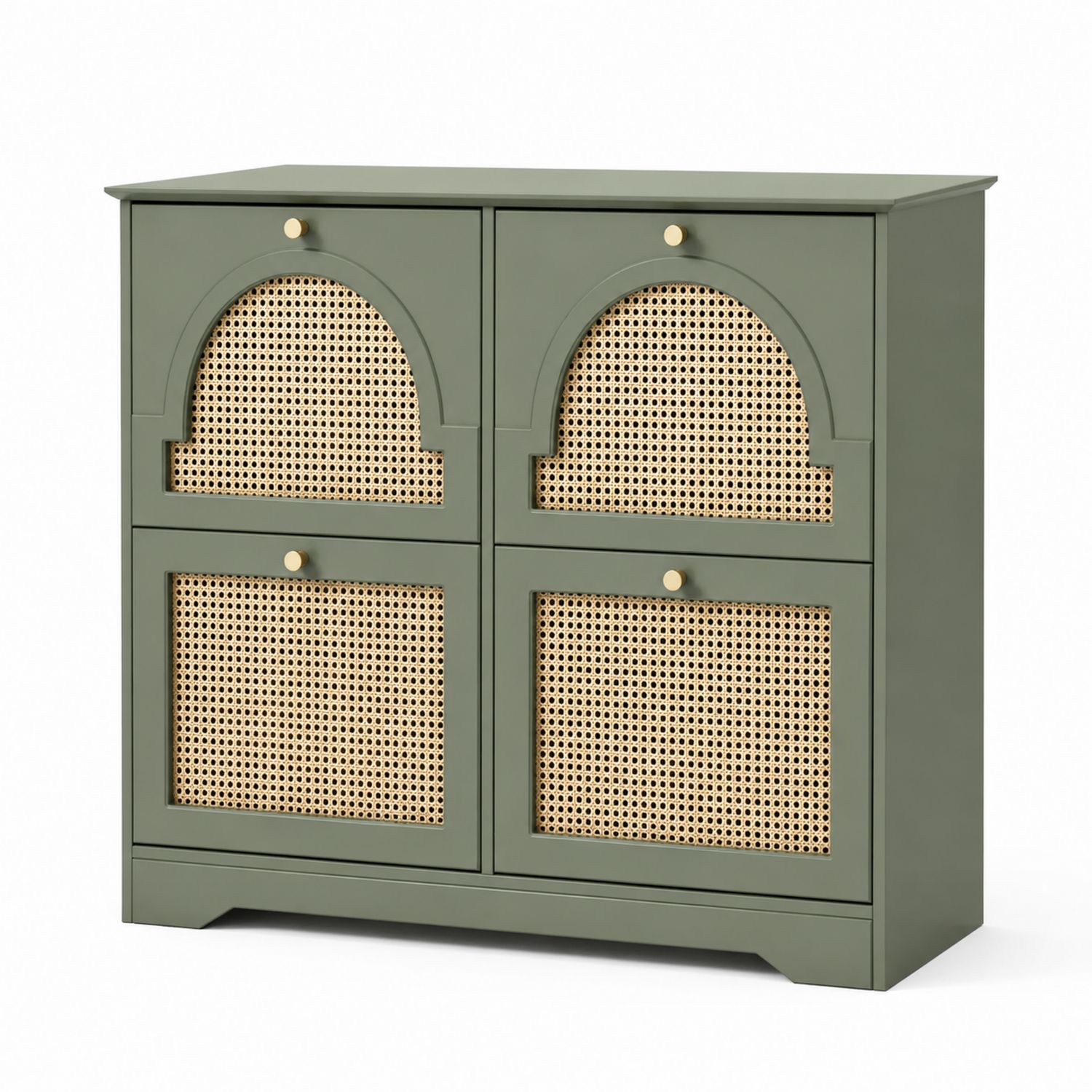 Grüner Holzschrank mit Rattan-Türen