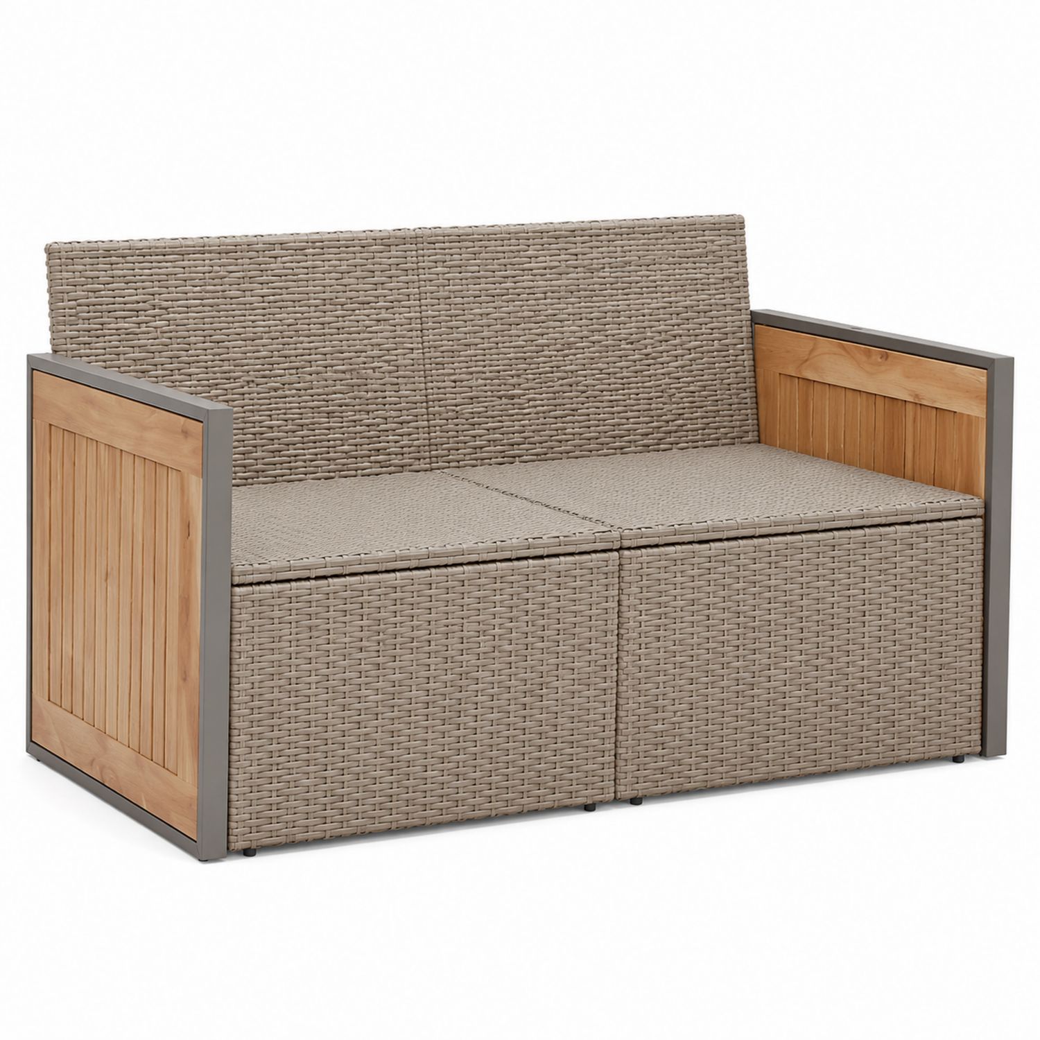 Rattan Sofa mit Holz-Armlehnen Beige