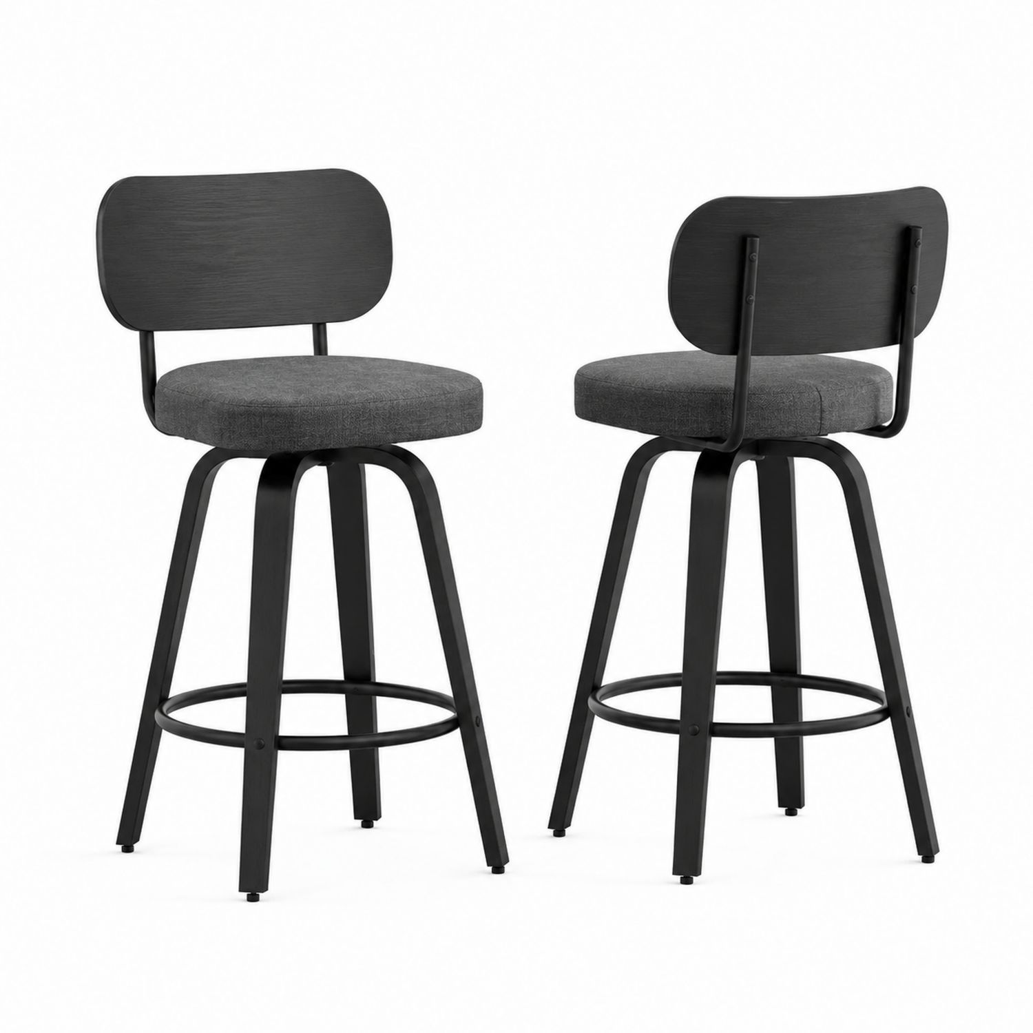 2er-Set Barhocker mit Lehne aus Metall und Stoff in Schwarz und Dunkelgrau