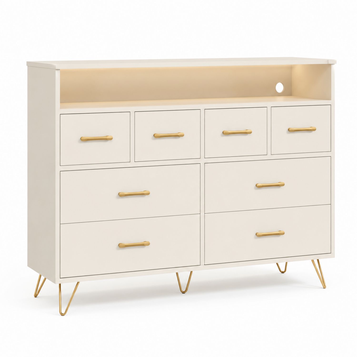 Kommode mit 9 Schubladen aus MDF und Metall, Beige