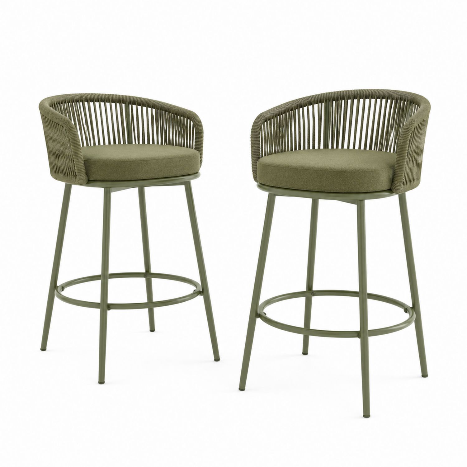 2er Set Barhocker mit Seilrückenlehne Stahlrahmen Olivgrün