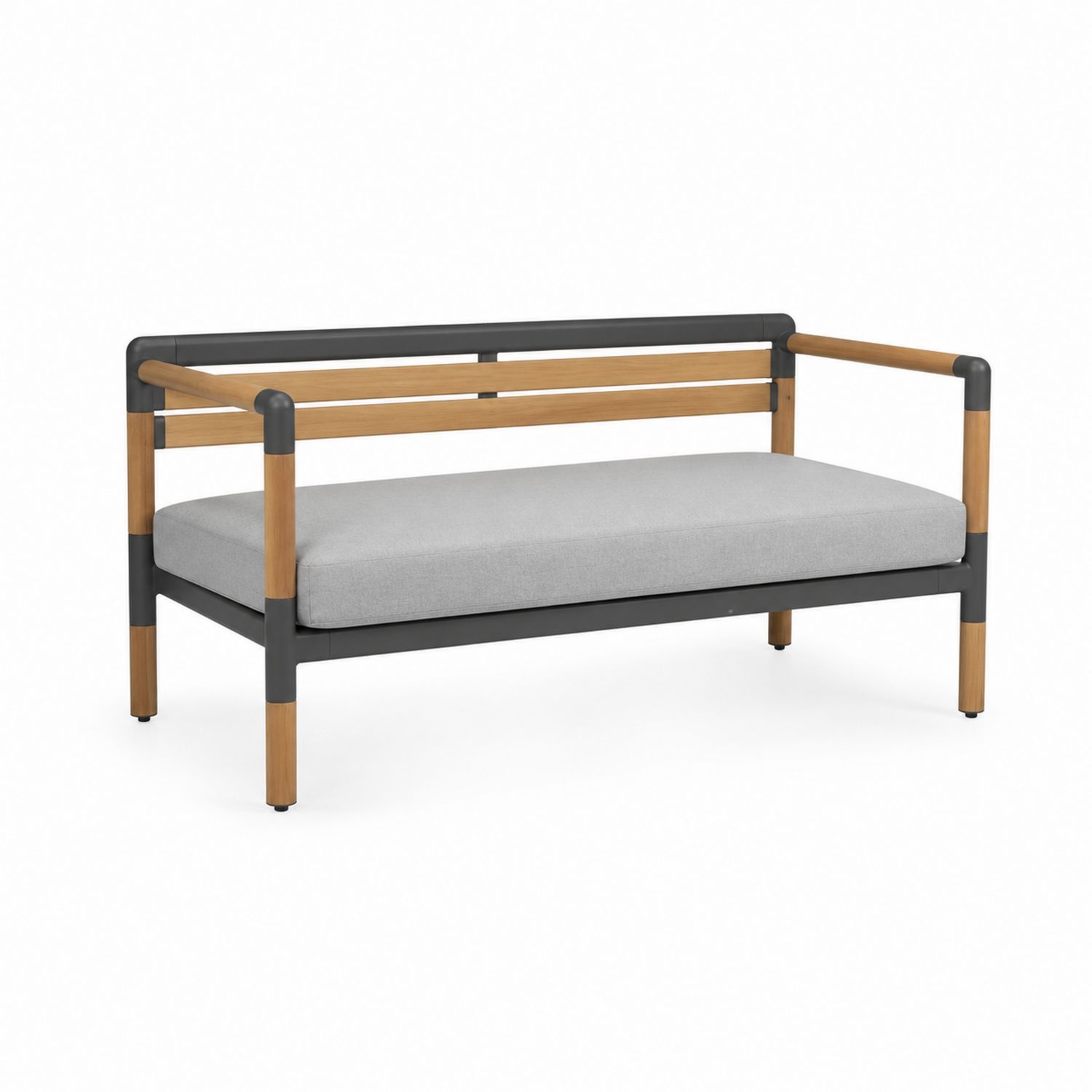 Outdoor-Stahl-Sofa mit Akazienholz und grauem Polyesterkissen