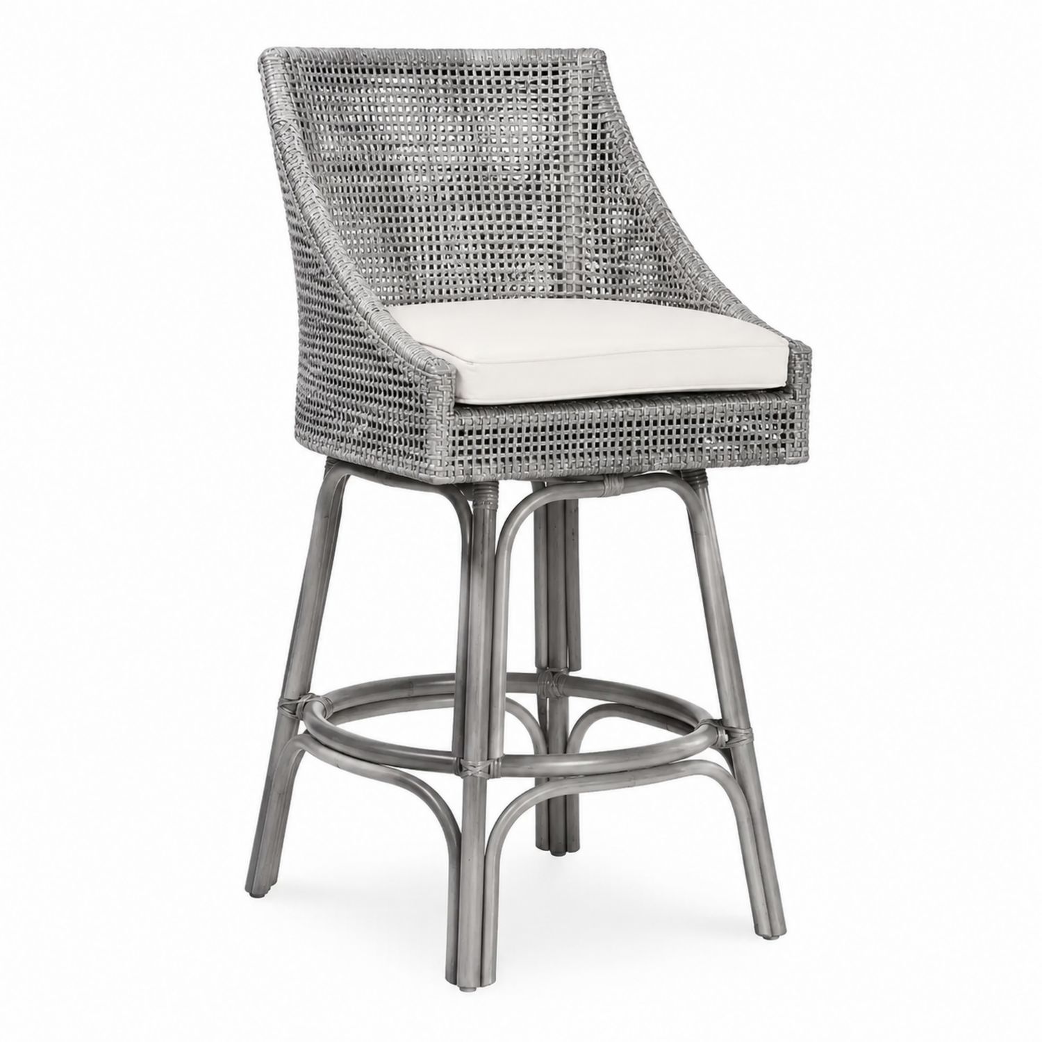 Barhocker aus Rattan mit Metallrahmen und weißem Kissen, drehbar