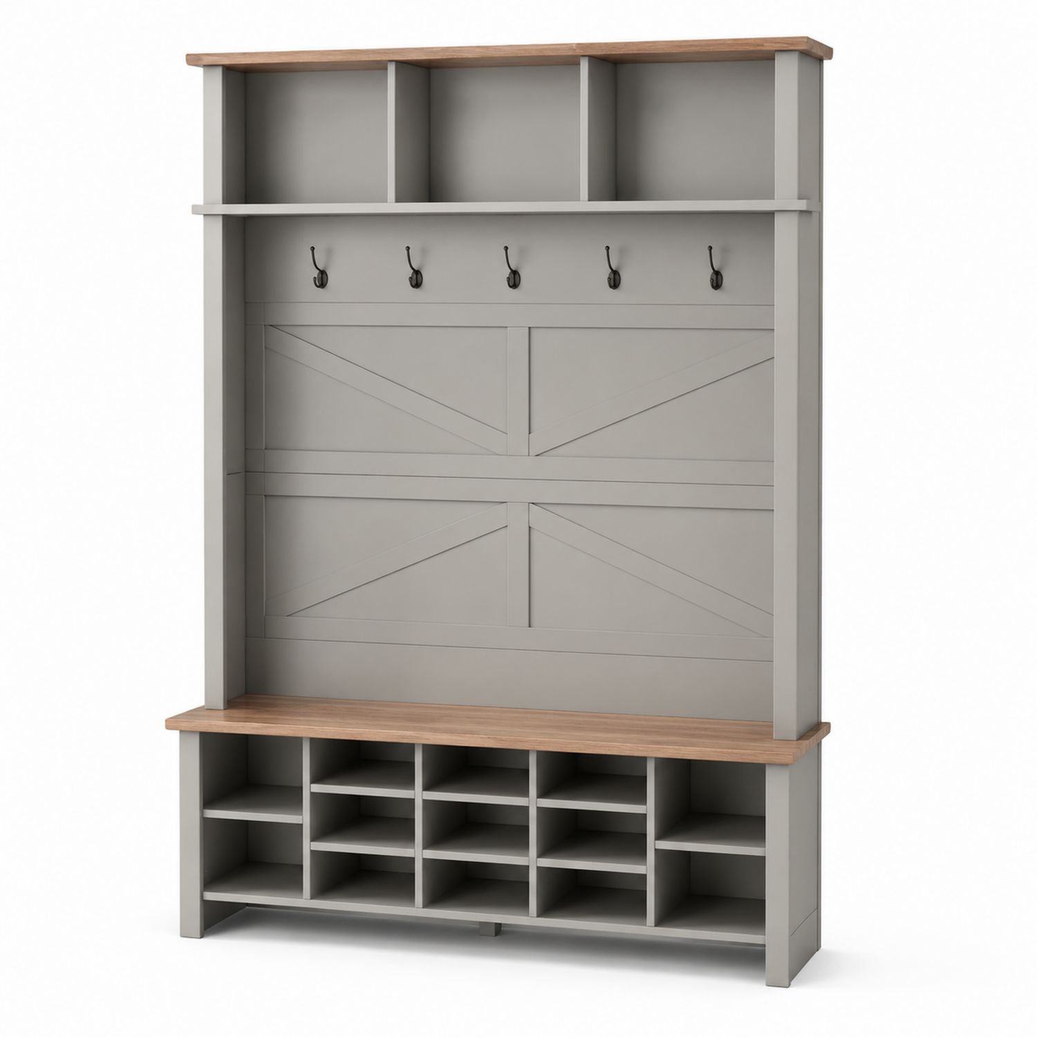 Garderobenpaneel aus MDF mit Schuhablage und Metallhaken Grau