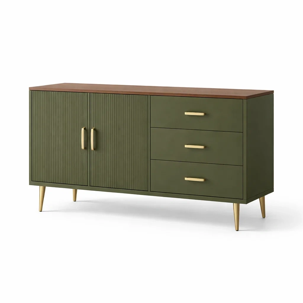 Aparador de madera y metal con puertas y cajones verde oliva 150x40x80 cm-NOV ARQEL