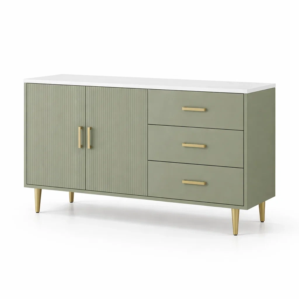Aparador de madera y metal verde con encimera blanca, 2 puertas, 3 cajones 150x40x80 cm-NOV ARQEL