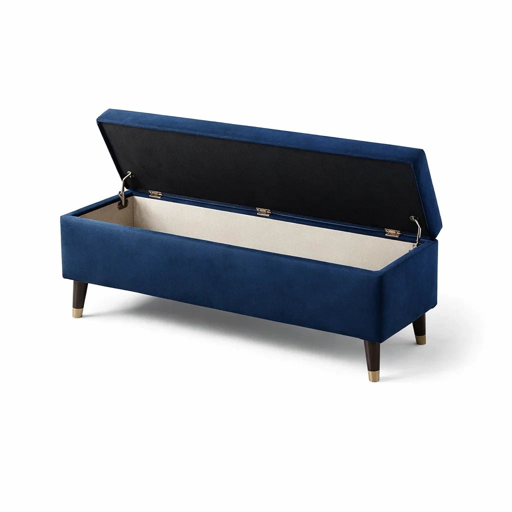 Banco de Almacenamiento Azul en Terciopelo con Patas de Madera 120x40x45 cm-NOV ARQEL