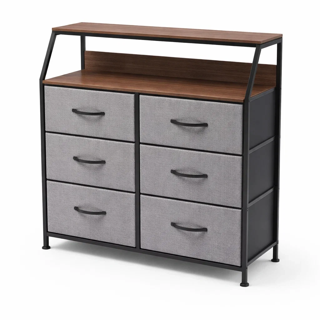 Cajonera de 6 Cajones con Estructura de Metal y Superficie de Madera con Cajones de Tela Gris-NOV ARQEL