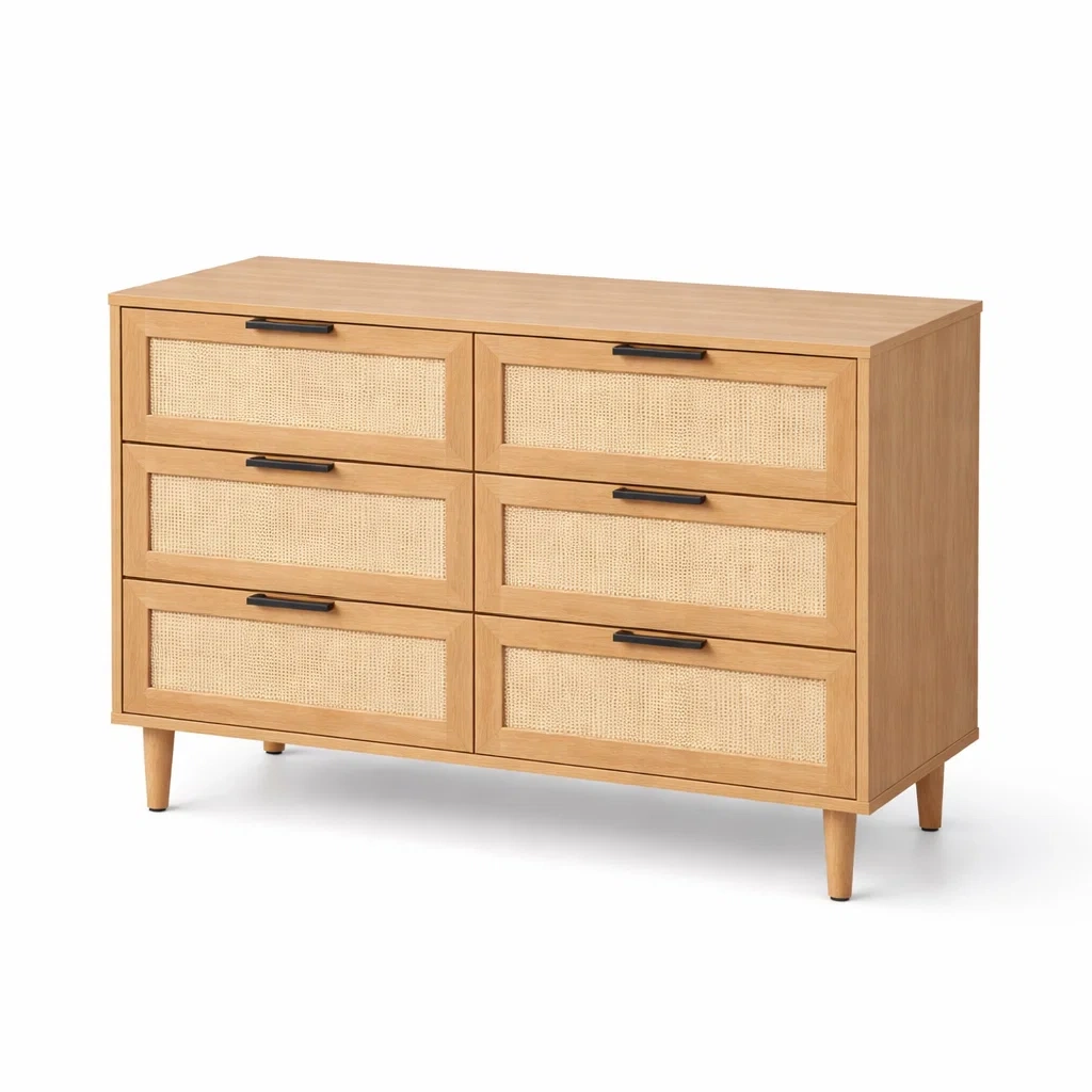 Cómoda de 6 cajones de madera de roble y ratán color Natural-NOV ARQEL
