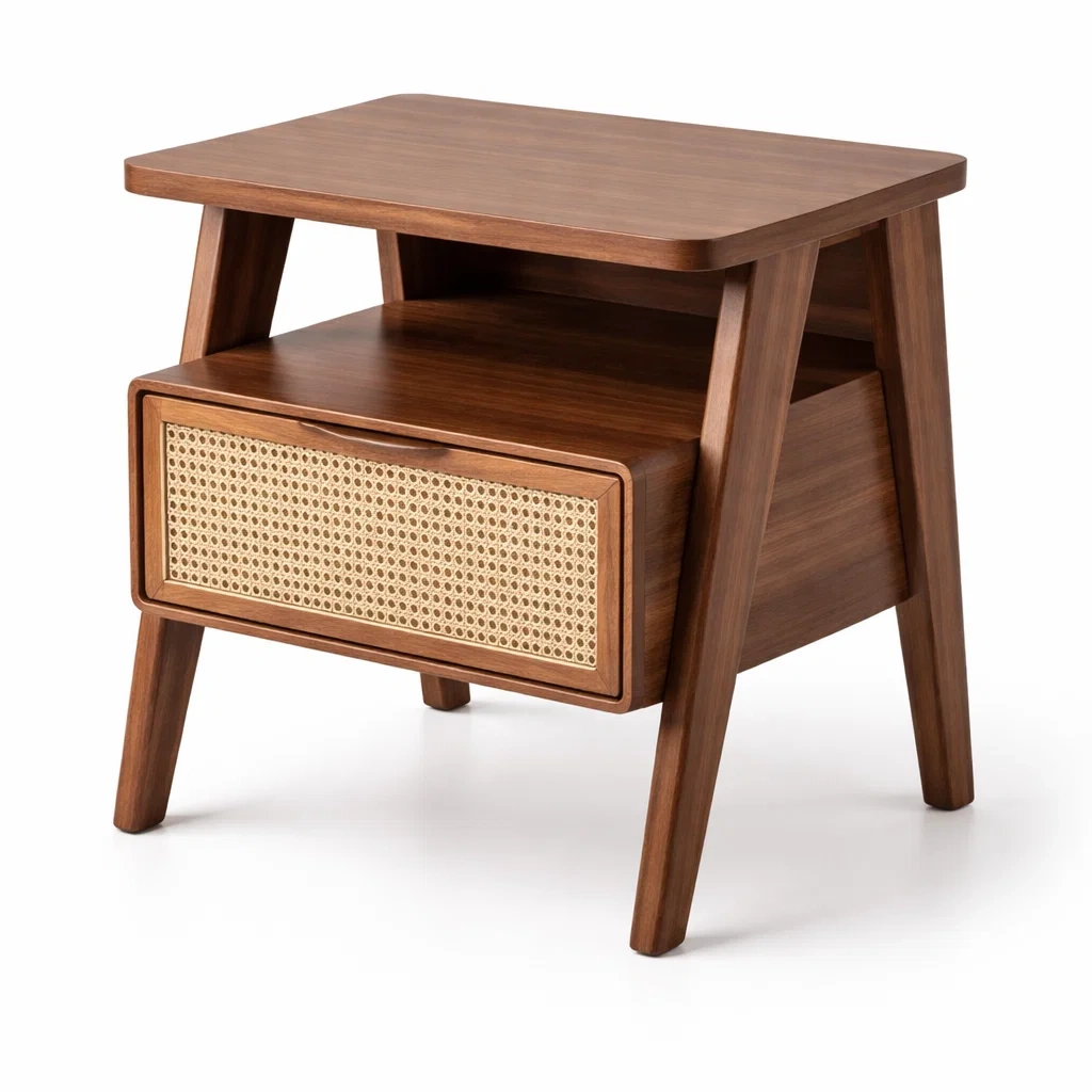 Mesita de Noche de Madera y Ratán-NOV ARQEL