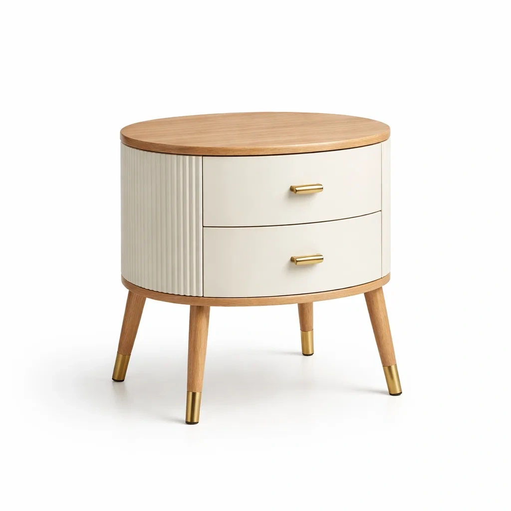 Mesita de noche ovalada de MDF blanco crema y madera de roble-NOV ARQEL