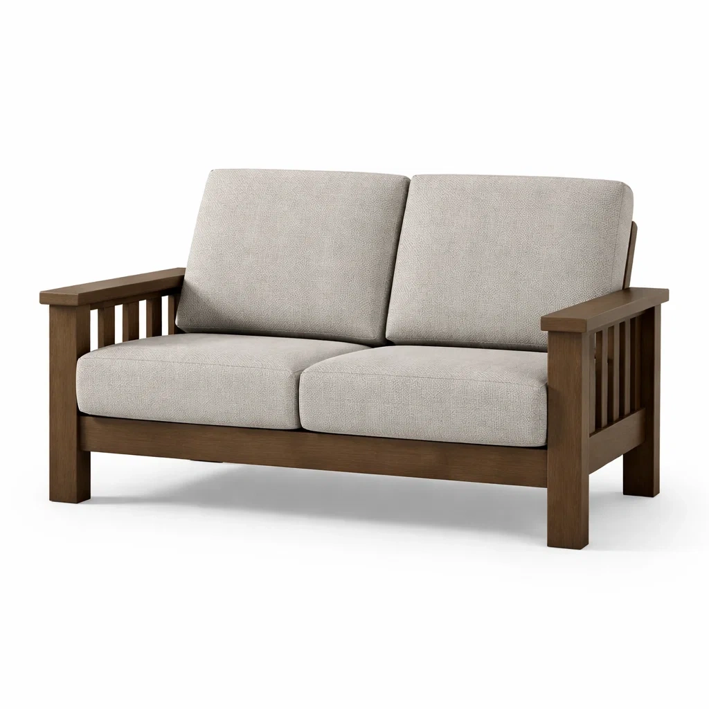 Sofá de 2 Plazas de Madera con Cojines de Tela Beige-NOV ARQEL