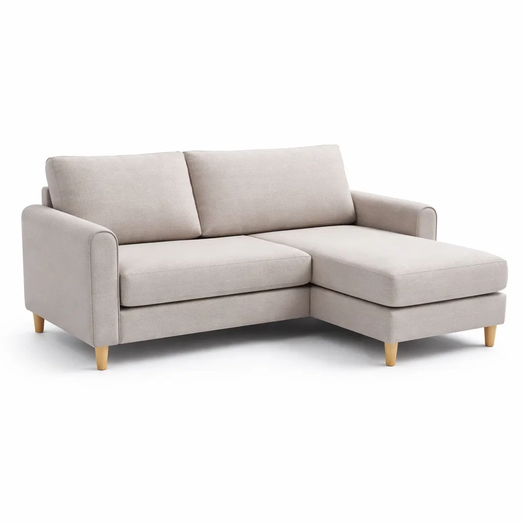 Sofá chaise longue de tela beige con patas de madera-NOV ARQEL