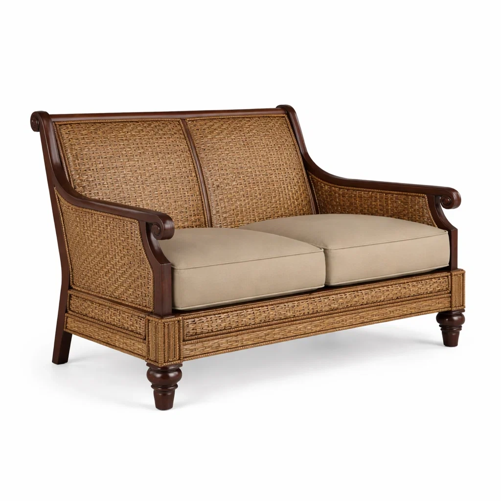 Sofá de dos plazas de ratán y madera con cojines beige-NOV ARQEL