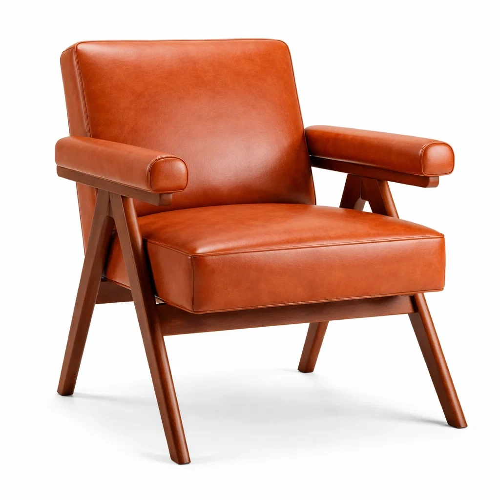 Sillón de cuero sintético Marrón Cognac con estructura de madera-NOV ARQEL