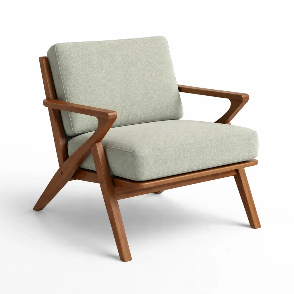 Sillón de madera con cojines de tela gris-NOV ARQEL
