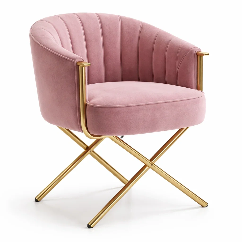 Silla de terciopelo rosa con base de metal dorado-NOV ARQEL