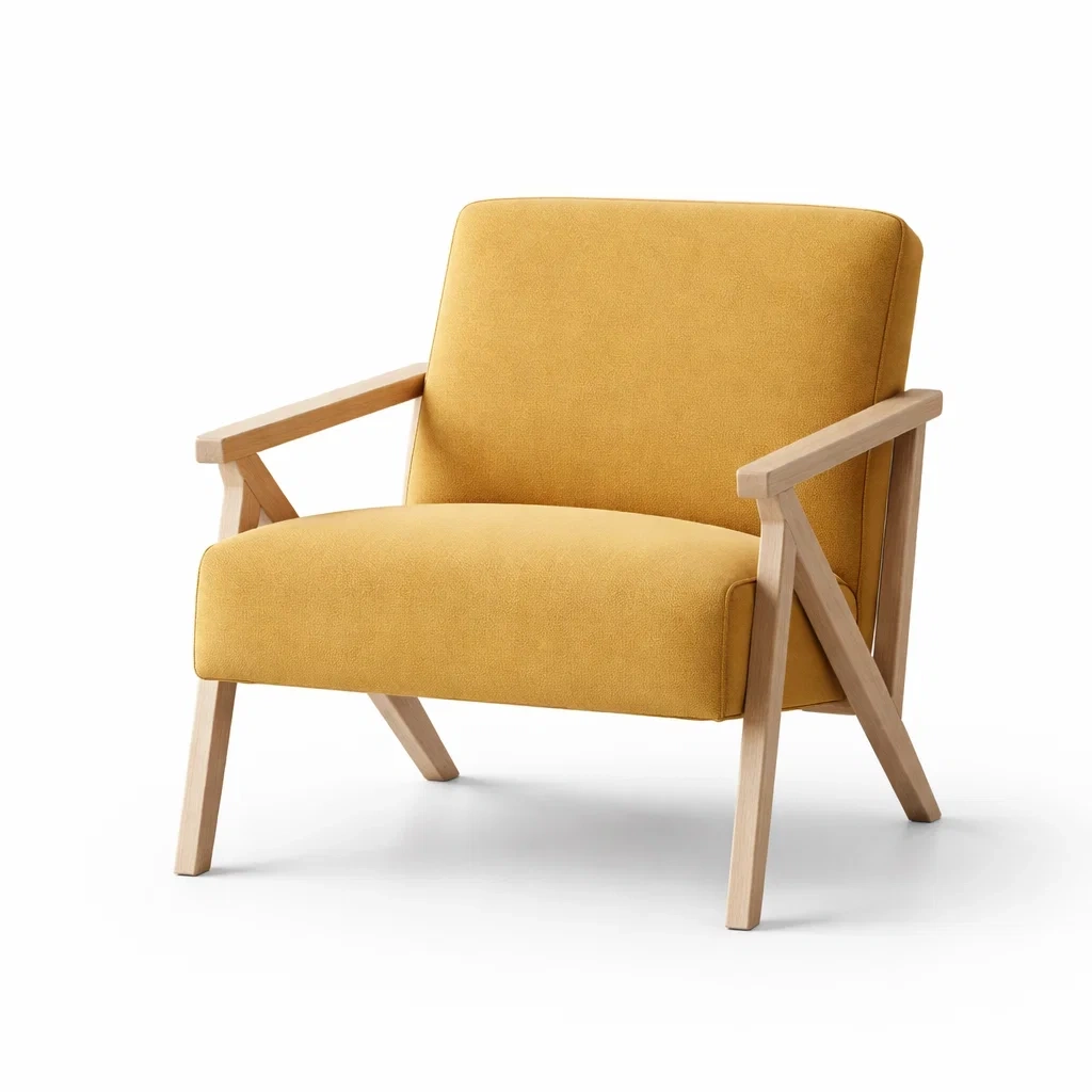 Sillón tapizado amarillo con estructura de madera de haya-NOV ARQEL