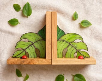 Serre-livres en forme de feuille de ginkgo en vitrail et base en bois de chêne bureau ou cadeau