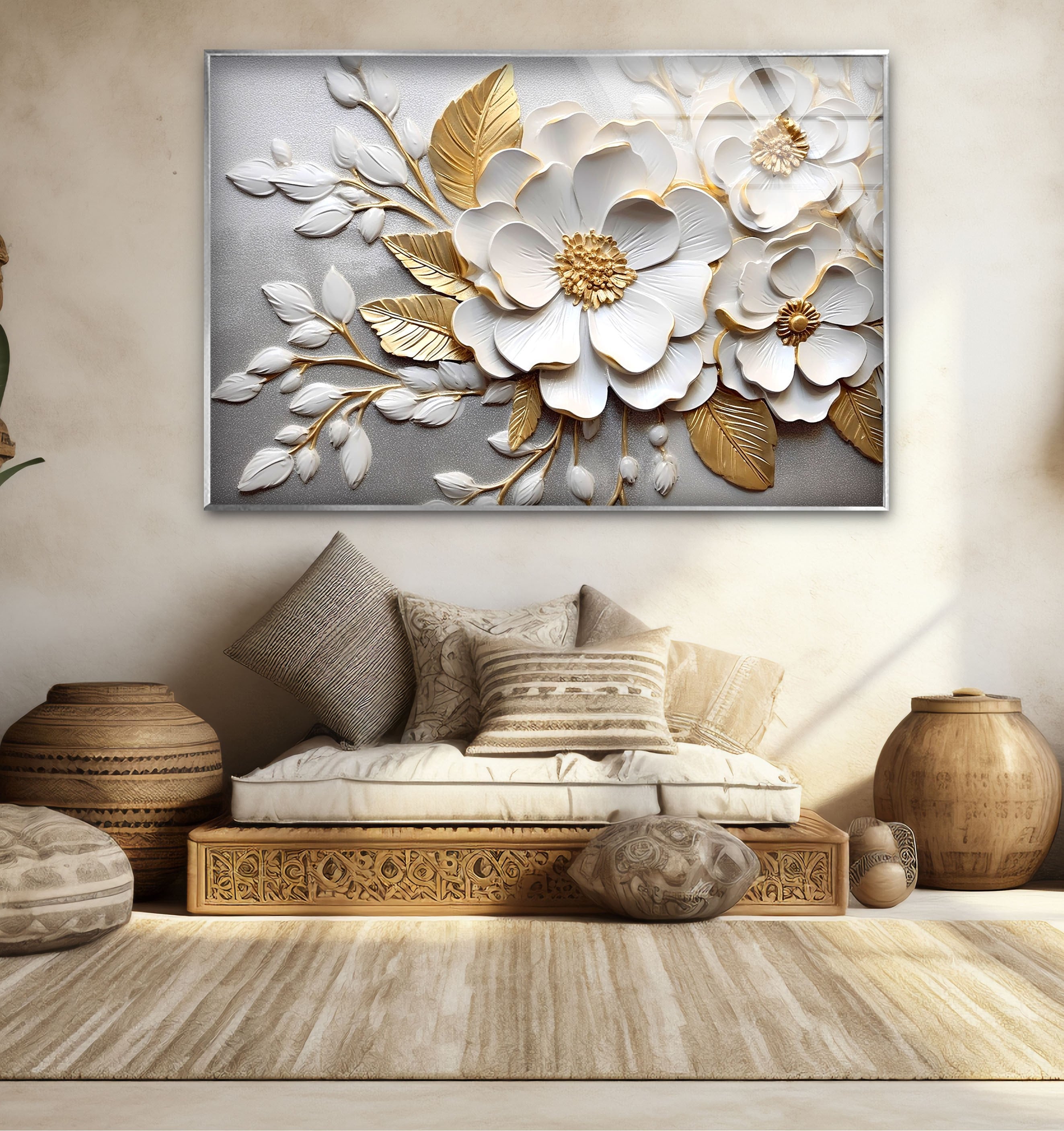 Décoration murale florale en verre — décoration murale à motif de fleurs blanches adaptée aux intérieurs modernes