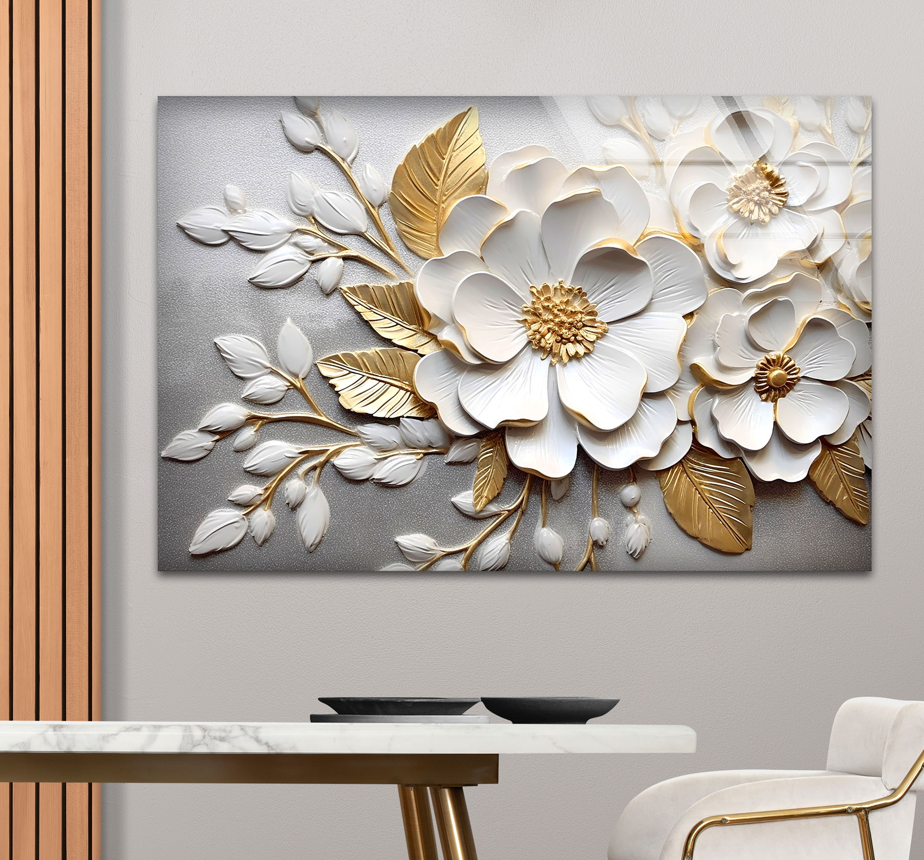 Décoration murale florale en verre — décoration murale à motif de fleurs blanches adaptée aux intérieurs modernes