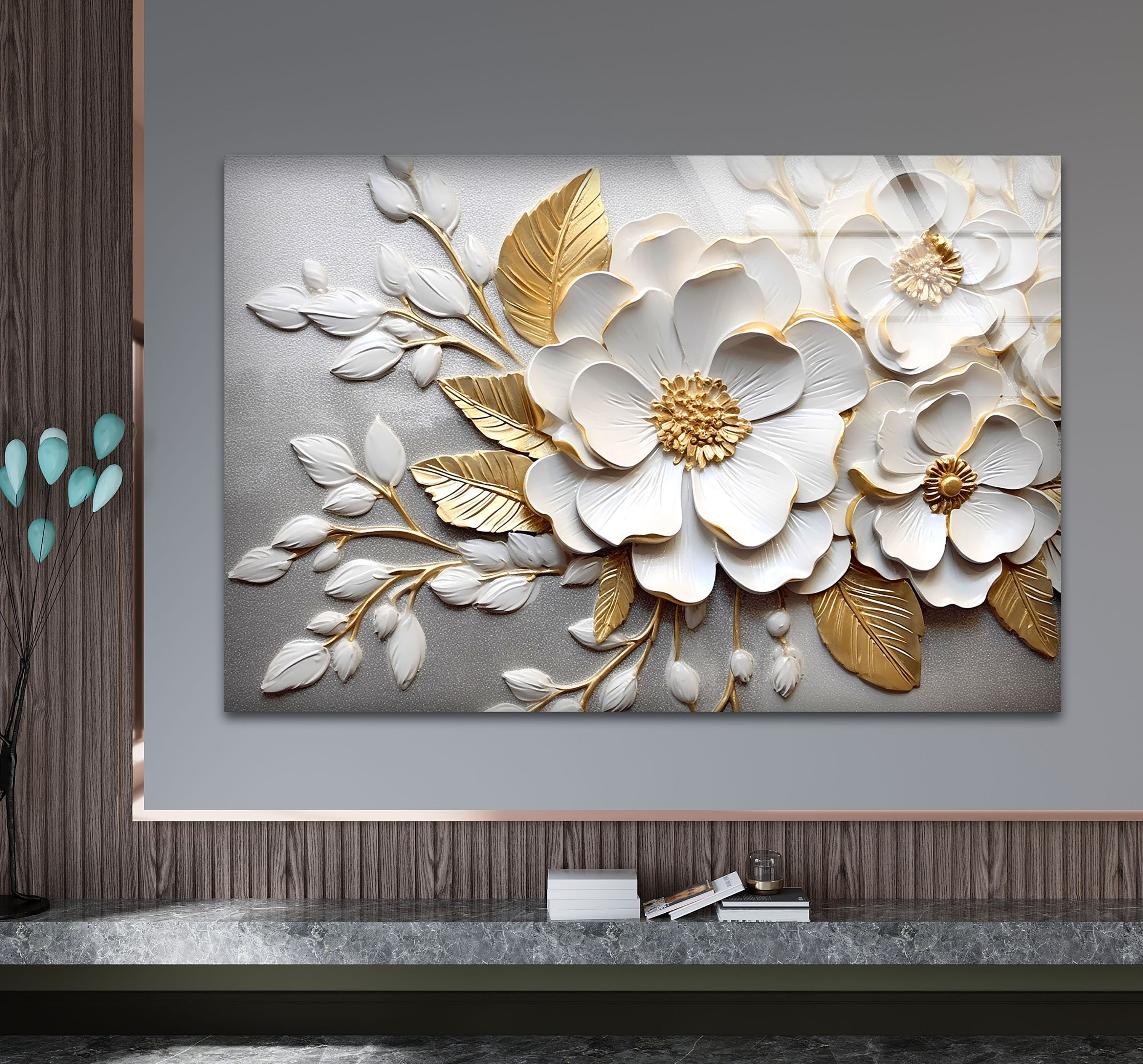 Décoration murale florale en verre — décoration murale à motif de fleurs blanches adaptée aux intérieurs modernes