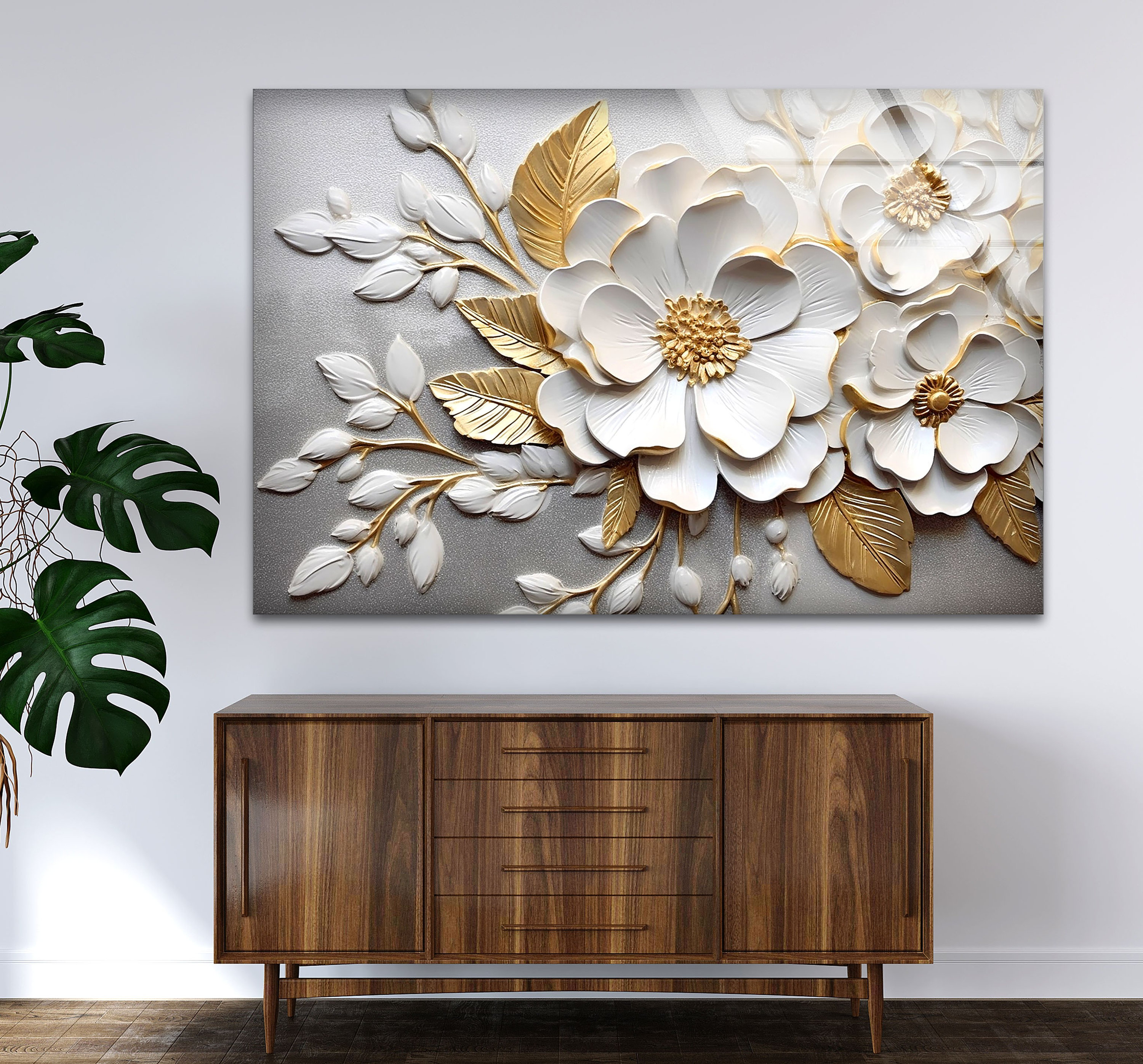 Décoration murale florale en verre — décoration murale à motif de fleurs blanches adaptée aux intérieurs modernes