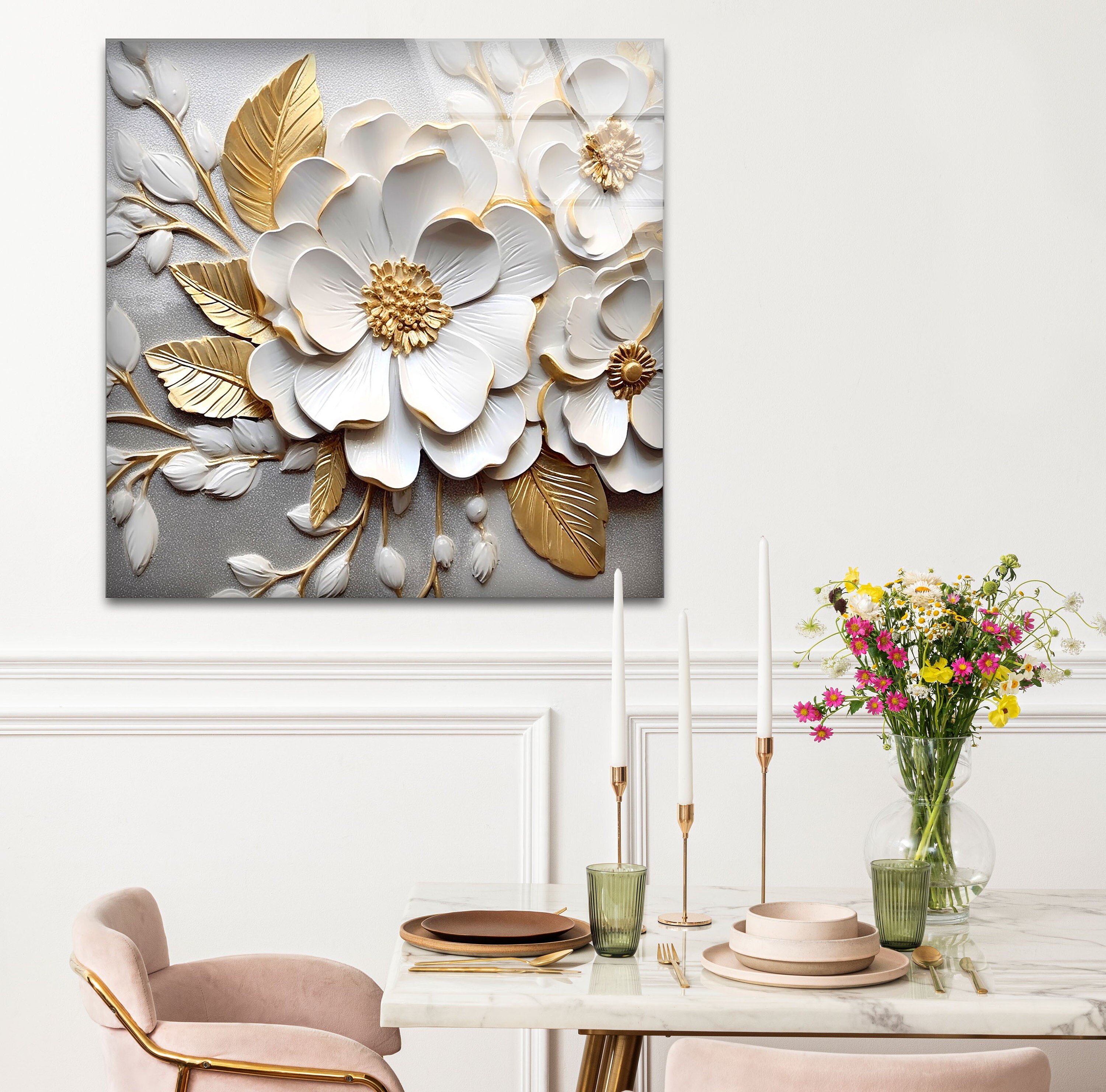 Décoration murale florale en verre — décoration murale à motif de fleurs blanches adaptée aux intérieurs modernes