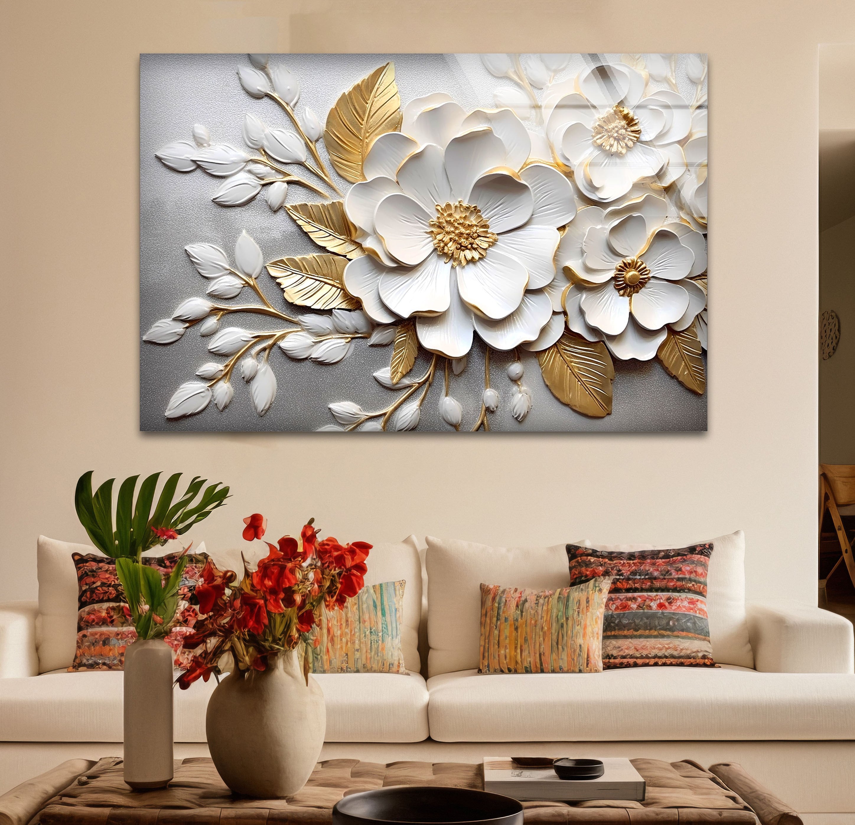 Décoration murale florale en verre — décoration murale à motif de fleurs blanches adaptée aux intérieurs modernes
