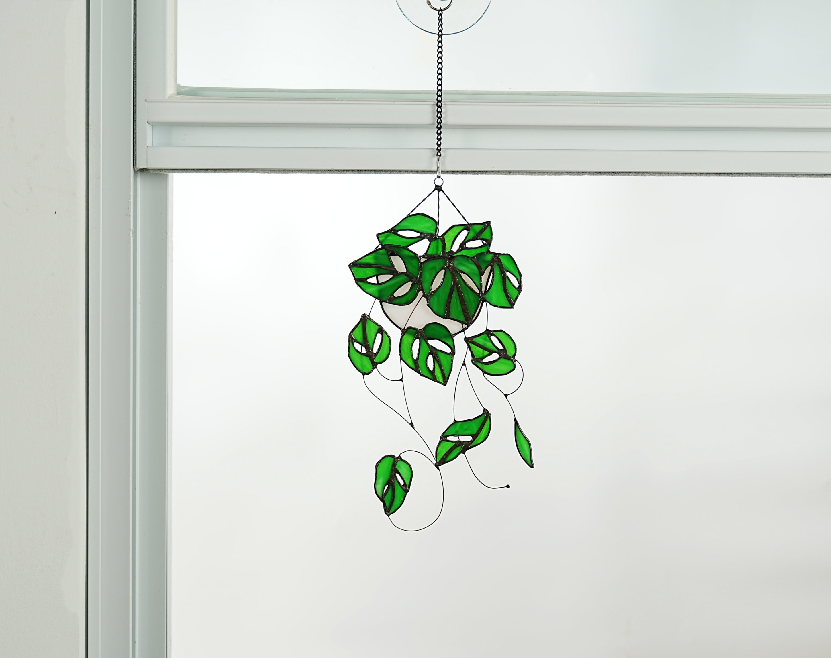 Décoration en vitrail Monstera, attrape‑soleil pour plante suspendue bohème