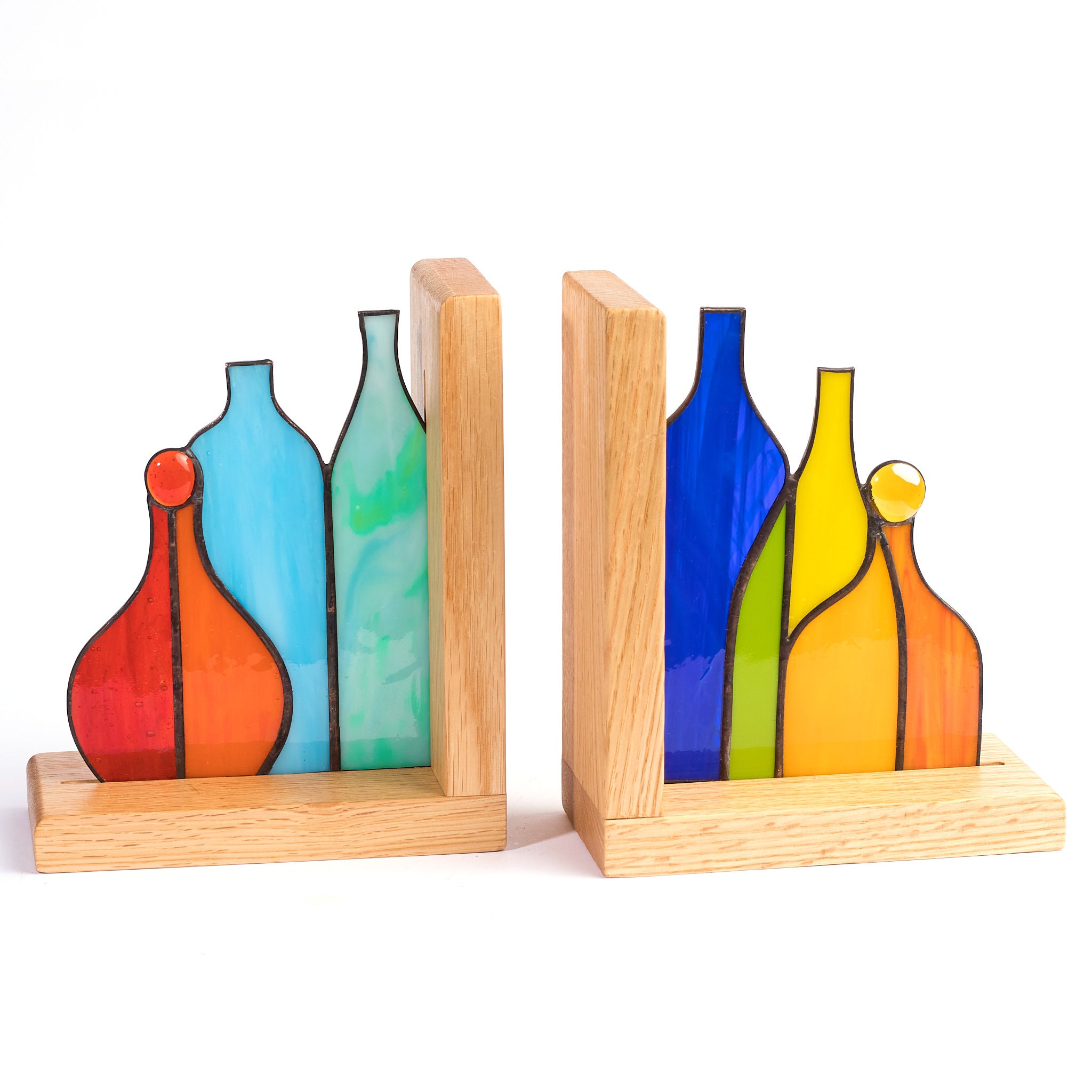 Serre‑livres en vitrail motif bouteille, accent coloré pour bibliothèque