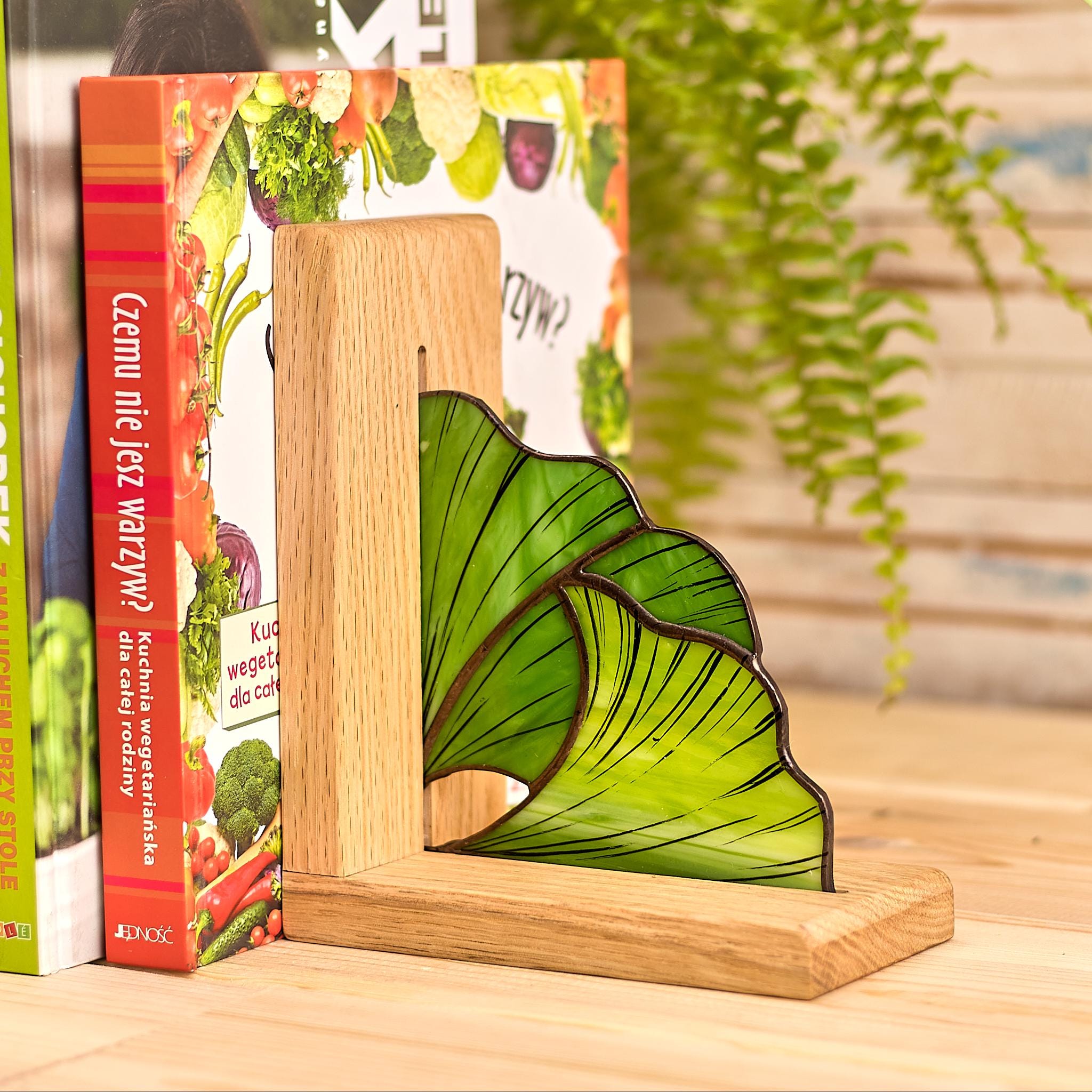 Serre-livres en forme de feuille de ginkgo en vitrail et base en bois de chêne bureau ou cadeau