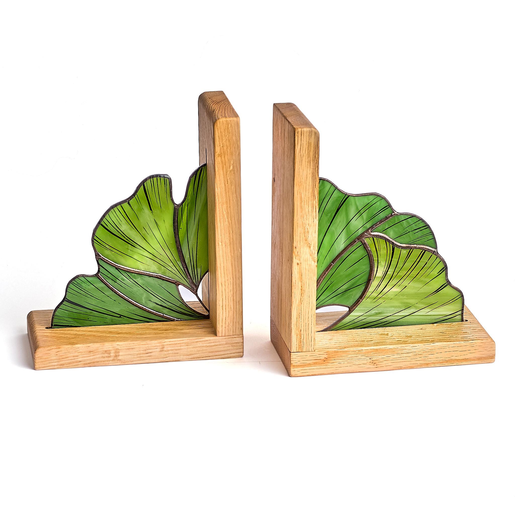Serre-livres en forme de feuille de ginkgo en vitrail et base en bois de chêne bureau ou cadeau