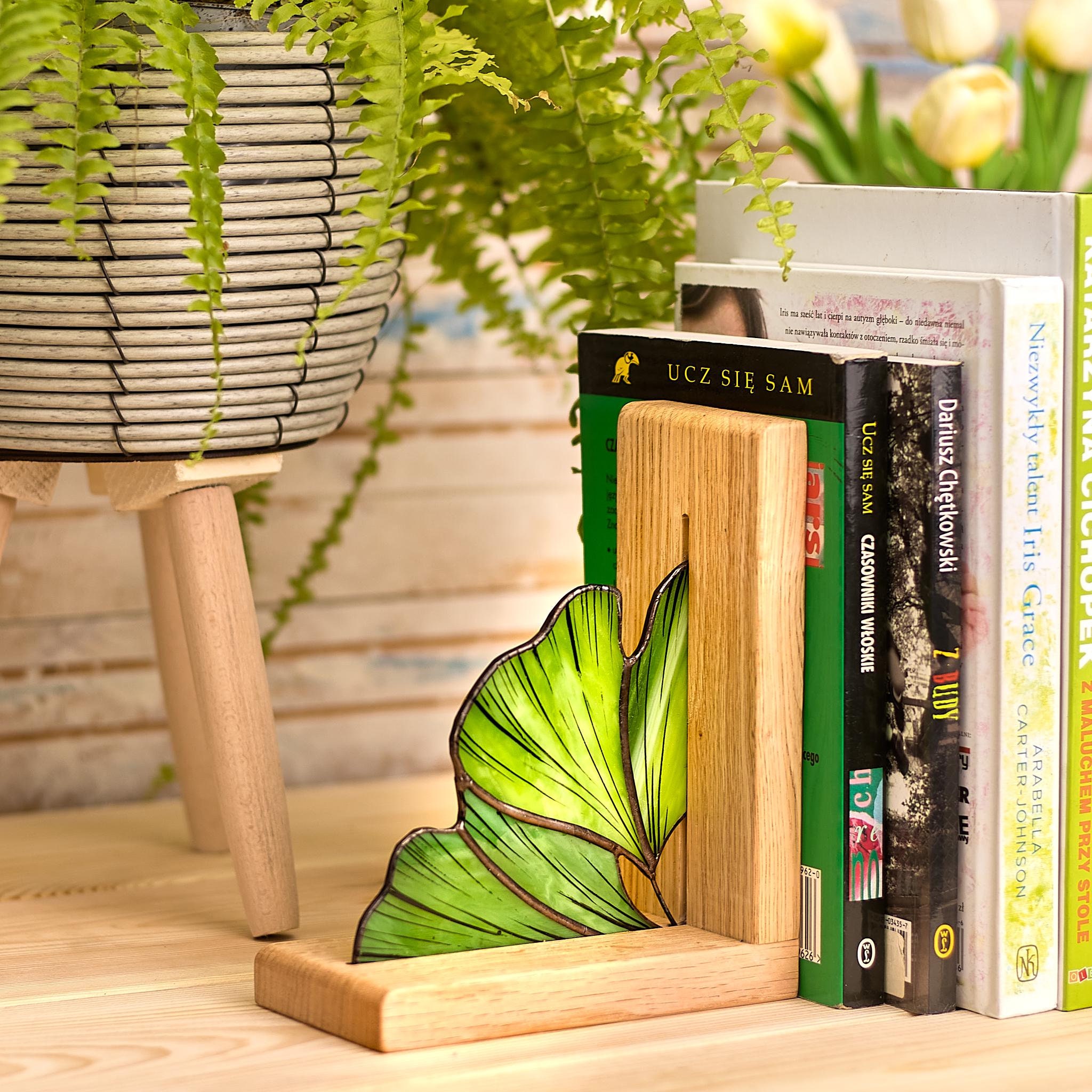 Serre-livres en forme de feuille de ginkgo en vitrail et base en bois de chêne bureau ou cadeau
