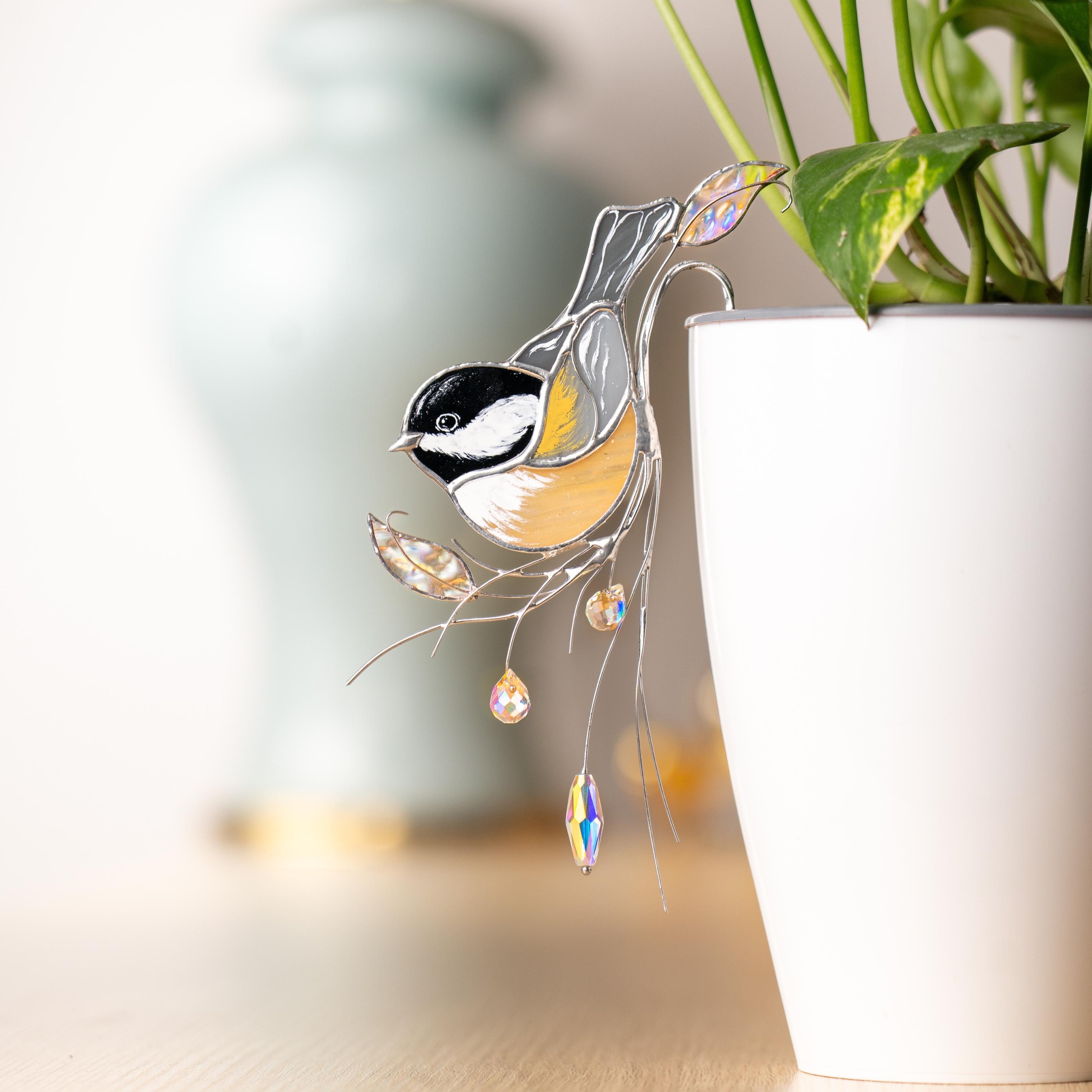 Décoration de support pour pot de plante en verre teinté avec motif de mésange