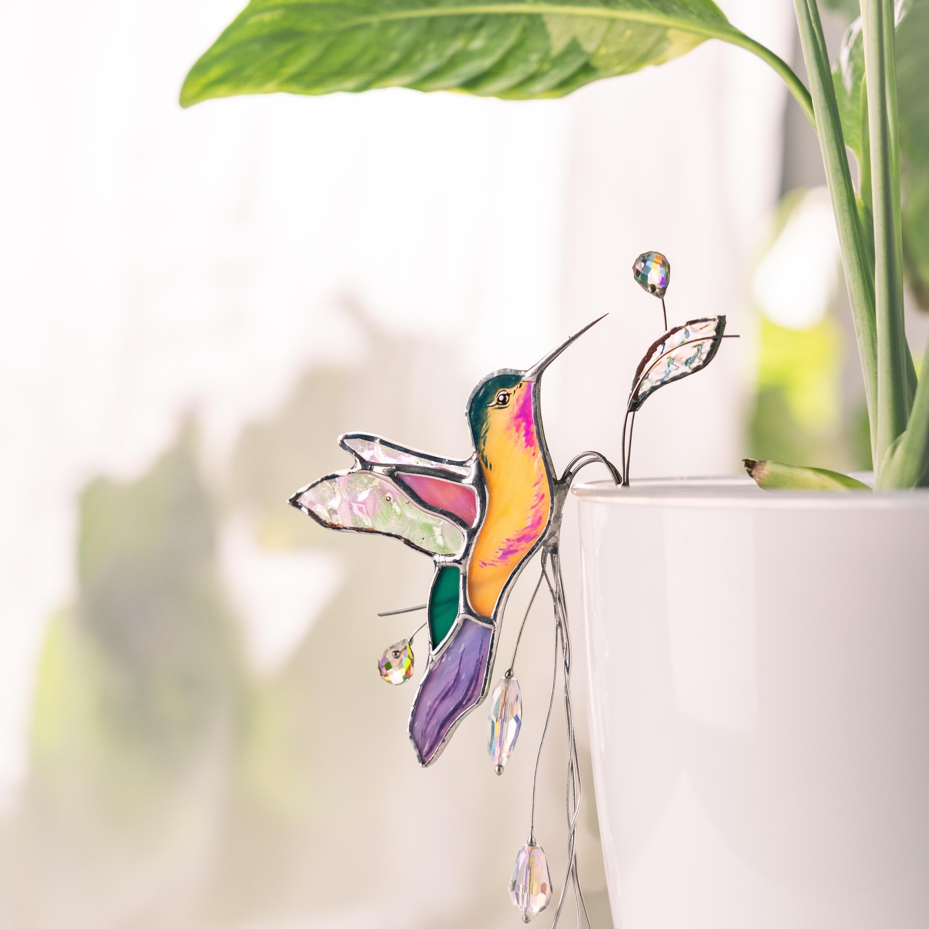 Attrape-soleil colibri en verre teinté, décoration pour pot de plante