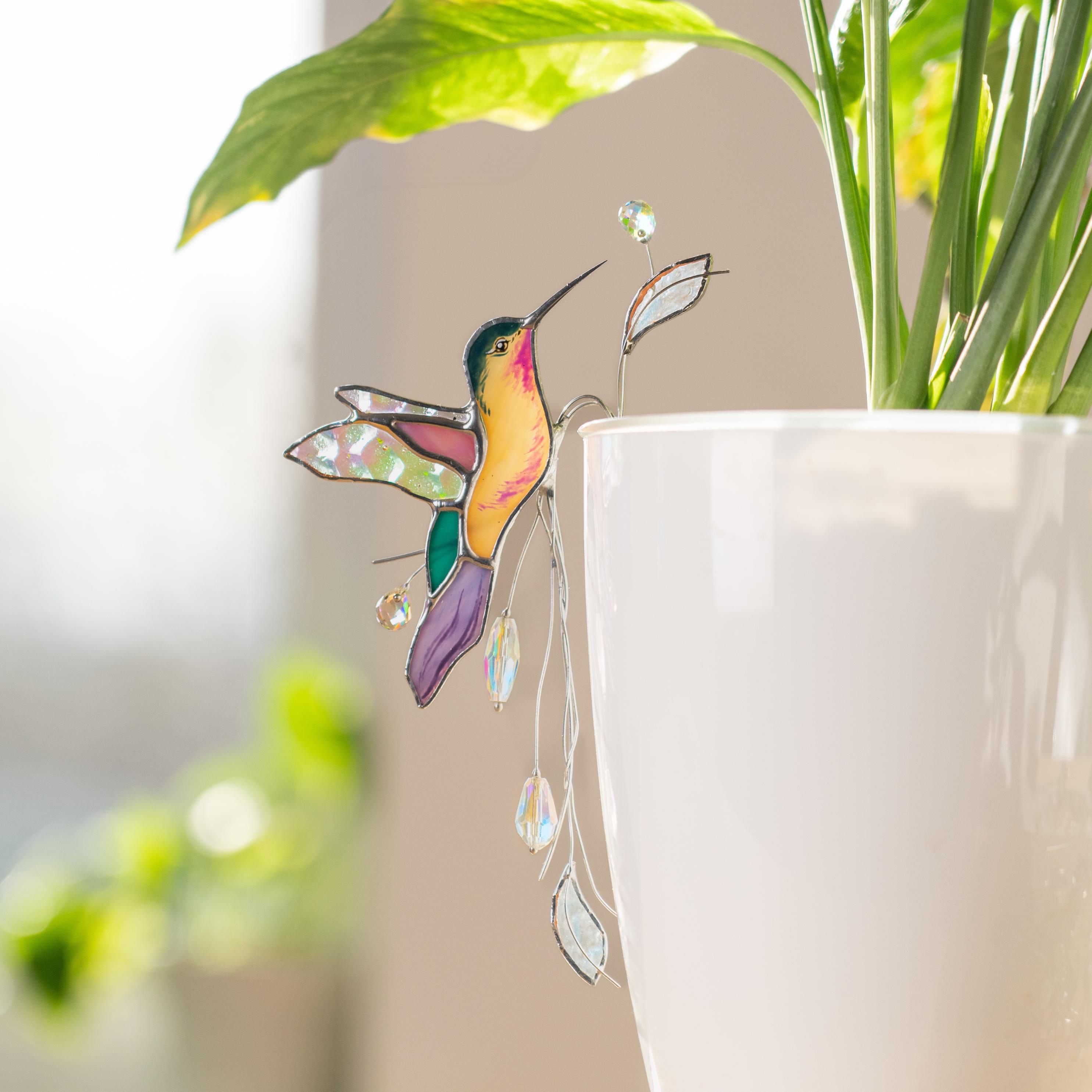Attrape-soleil colibri en verre teinté, décoration pour pot de plante