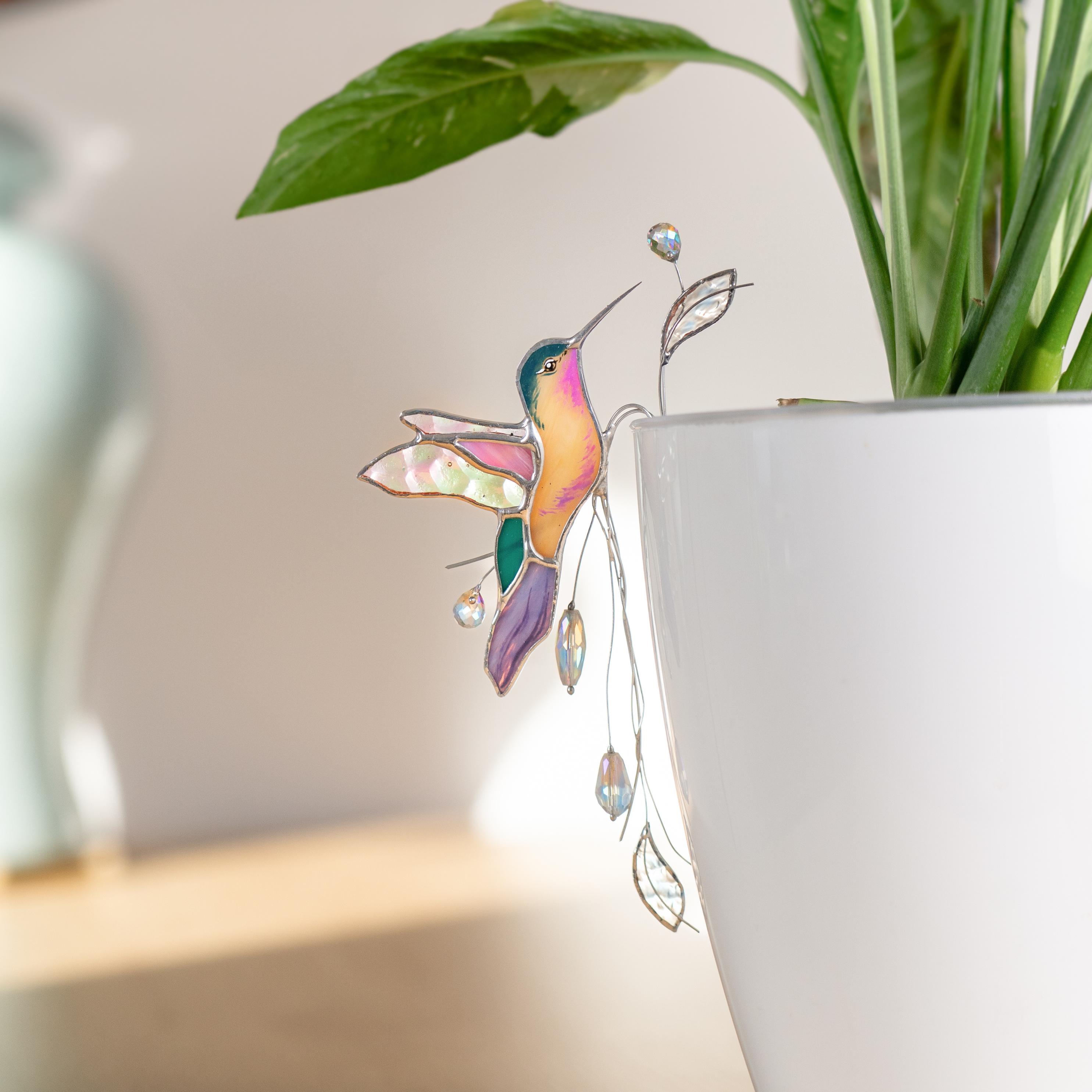 Attrape-soleil colibri en verre teinté, décoration pour pot de plante