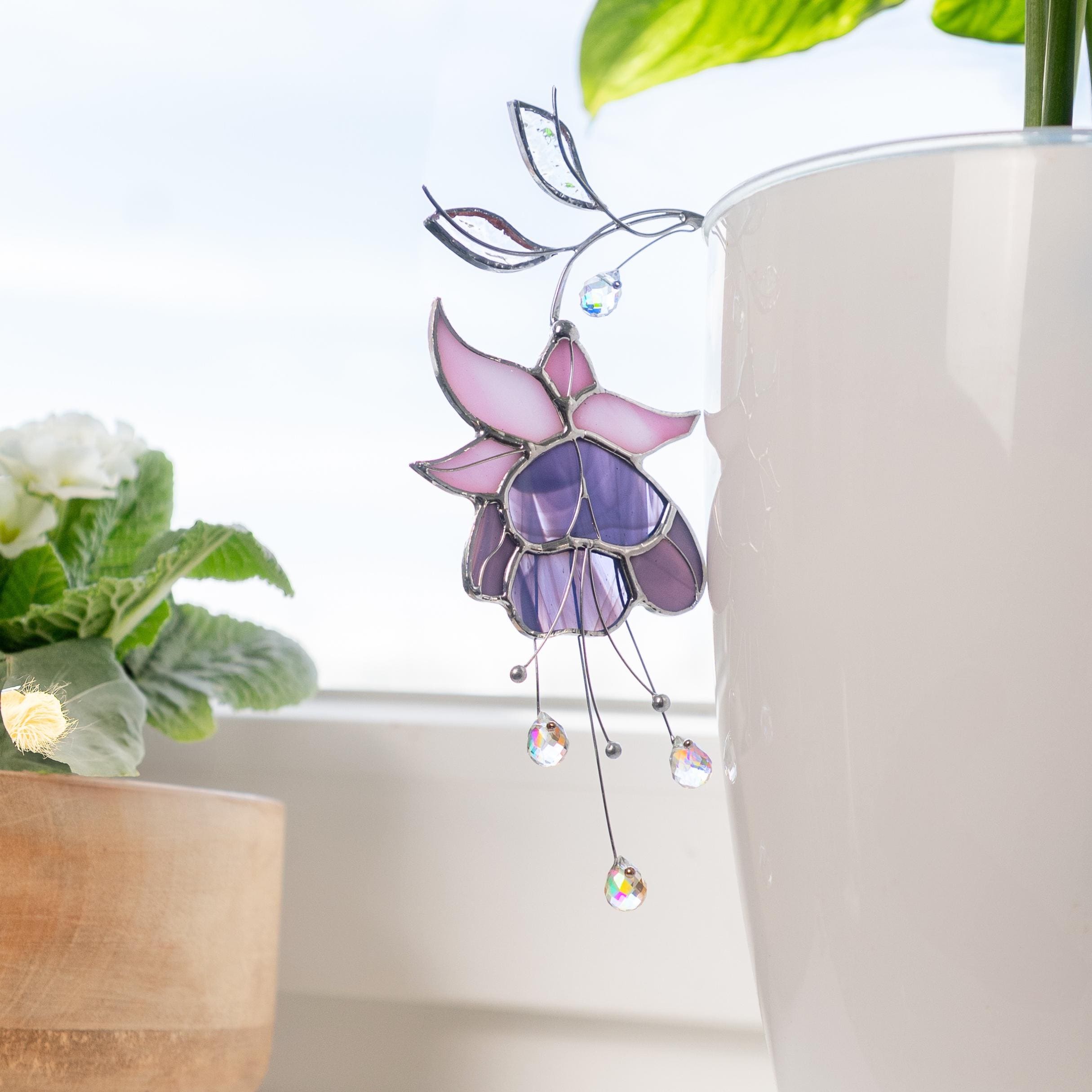 Décoration pour pot de fleurs en vitrail – Fleurs mauve et rose