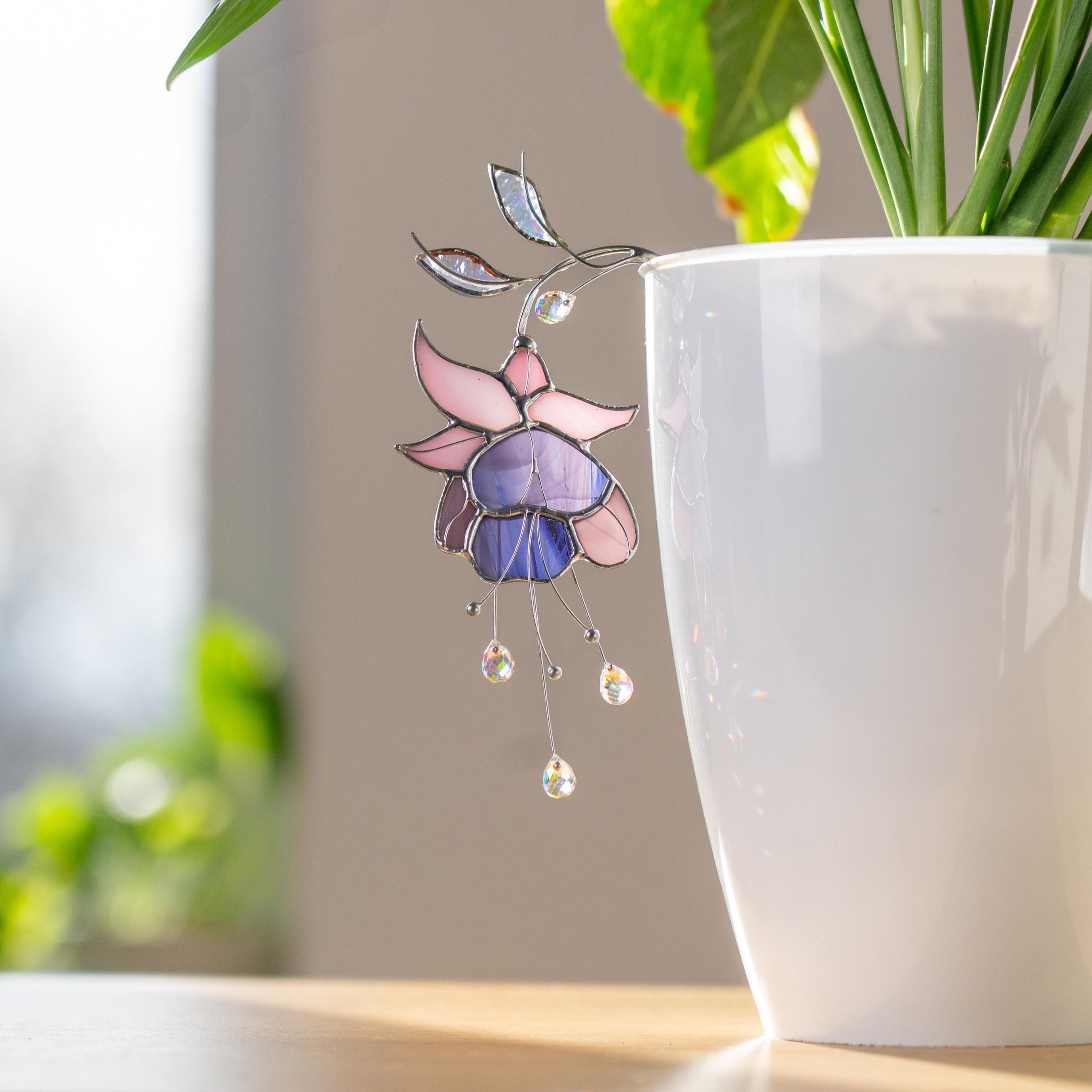Décoration pour pot de fleurs en vitrail – Fleurs mauve et rose