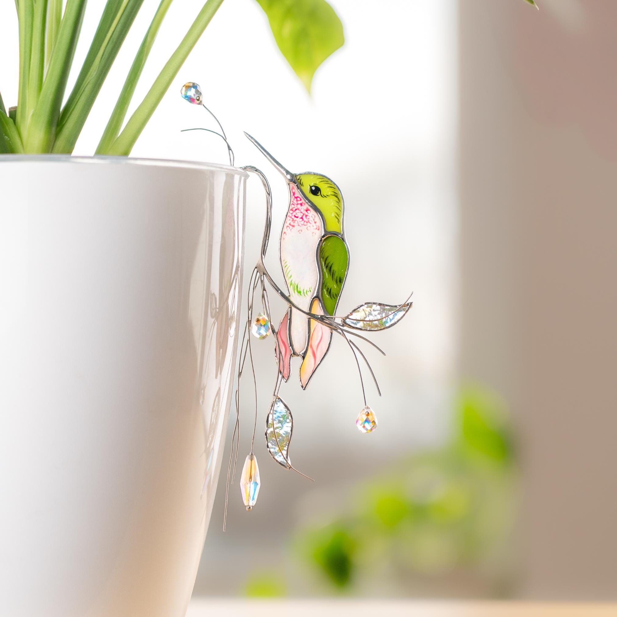 Décoration pour pot de fleurs en vitrail colibri, pouvant être utilisée comme décoration de jardin